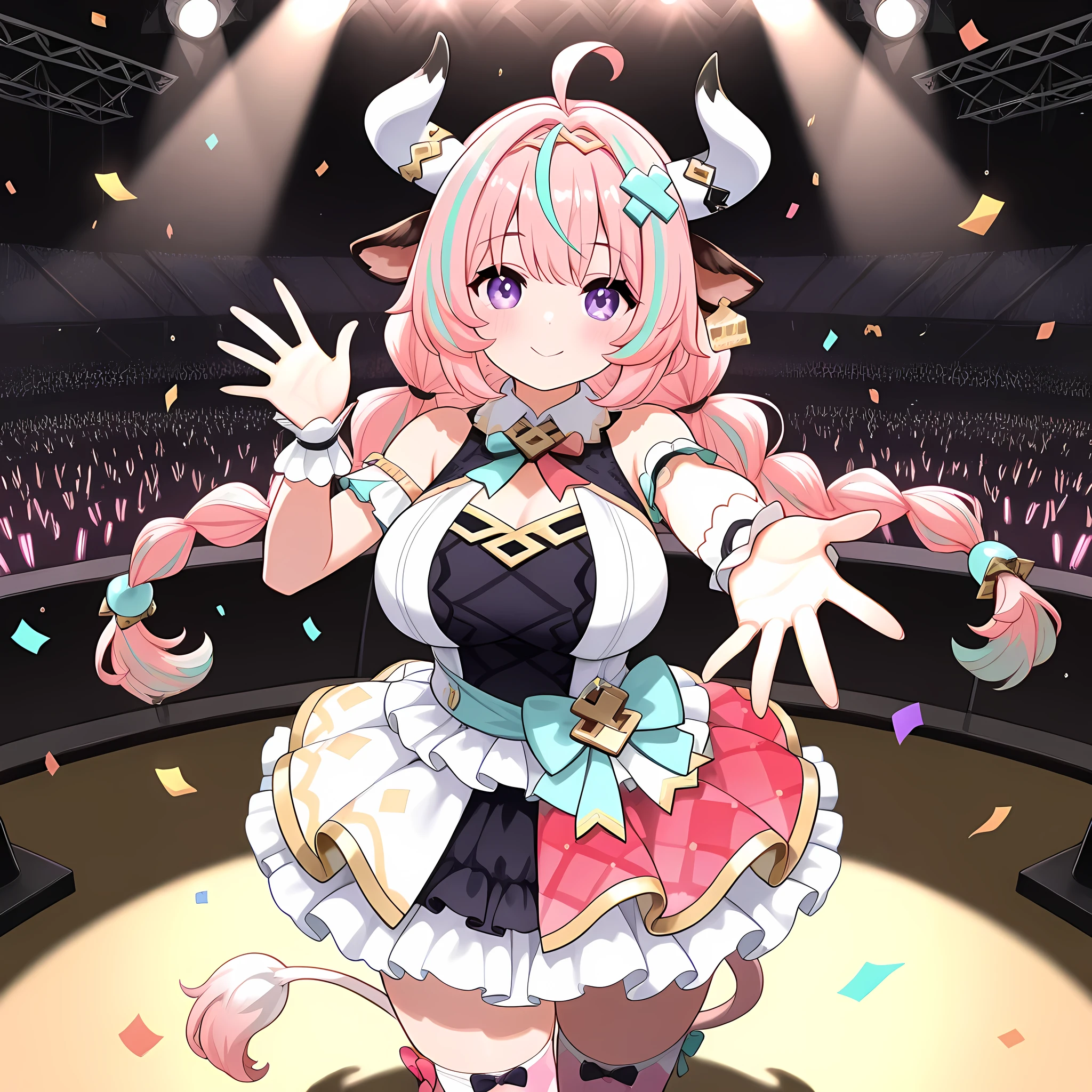 masterpiece, best quality, very aesthetic, absurdres, safe,1girl,solo,big breasts,idol dress,cute dress,fluffy skirt,layered skirt,concert stage,crowd,lightsticks,idol stage,spotlight,confetti,smile,blush,bare shoulders,standing,idol pose, Varesa, cow ears, hair ornament, cow horns, bangs, twin braids, long hair, purple eyes, animal ears, ahoge, pink hair, multicolored hair, streaked hair,cow tail,stockings,cute design,cute shoes,waving to viewer,outstretched hand,cowboy shot,dynamic angle