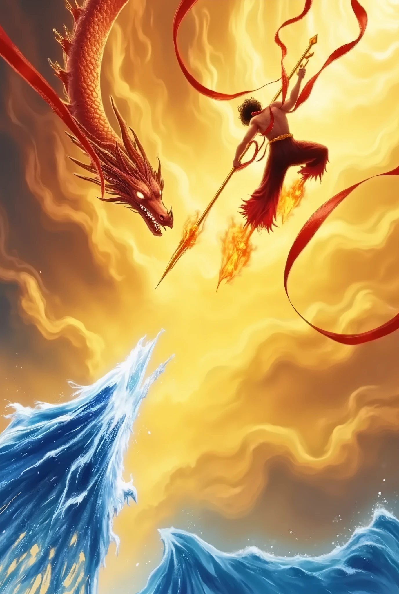 This is a vibrant, digital artwork depicting a dynamic and mystical scene. The central focus is a fierce battle between a human warrior and a large, serpentine dragon. The warrior, positioned on the right side of the image, is mid-flight, adorned in traditional Chinese clothing with a red sash flowing behind him. He brandishes a spear with flames erupting from its tip, which is pointed directly at the dragon. The dragon, on the left side of the image, is coiled and ready to strike, with scales that shimmer in shades of blue and white, reflecting the intense light of the background.

The background is a swirling, ethereal landscape dominated by fiery oranges and yellows, suggesting a dramatic sunset or sunrise. The sky is filled with swirling, glowing clouds, adding to the sense of movement and intensity. The lower part of the image features the ocean, with waves crashing against the shore, their frothy white caps contrasting with the deep blues of the water. The overall composition is highly dynamic, with the warrior and dragon positioned in a dramatic, almost cinematic pose, emphasizing the conflict and the fantastical setting. The artwork combines elements of traditional Chinese mythology with modern digital art techniques, creating a visually striking and immersive scene.