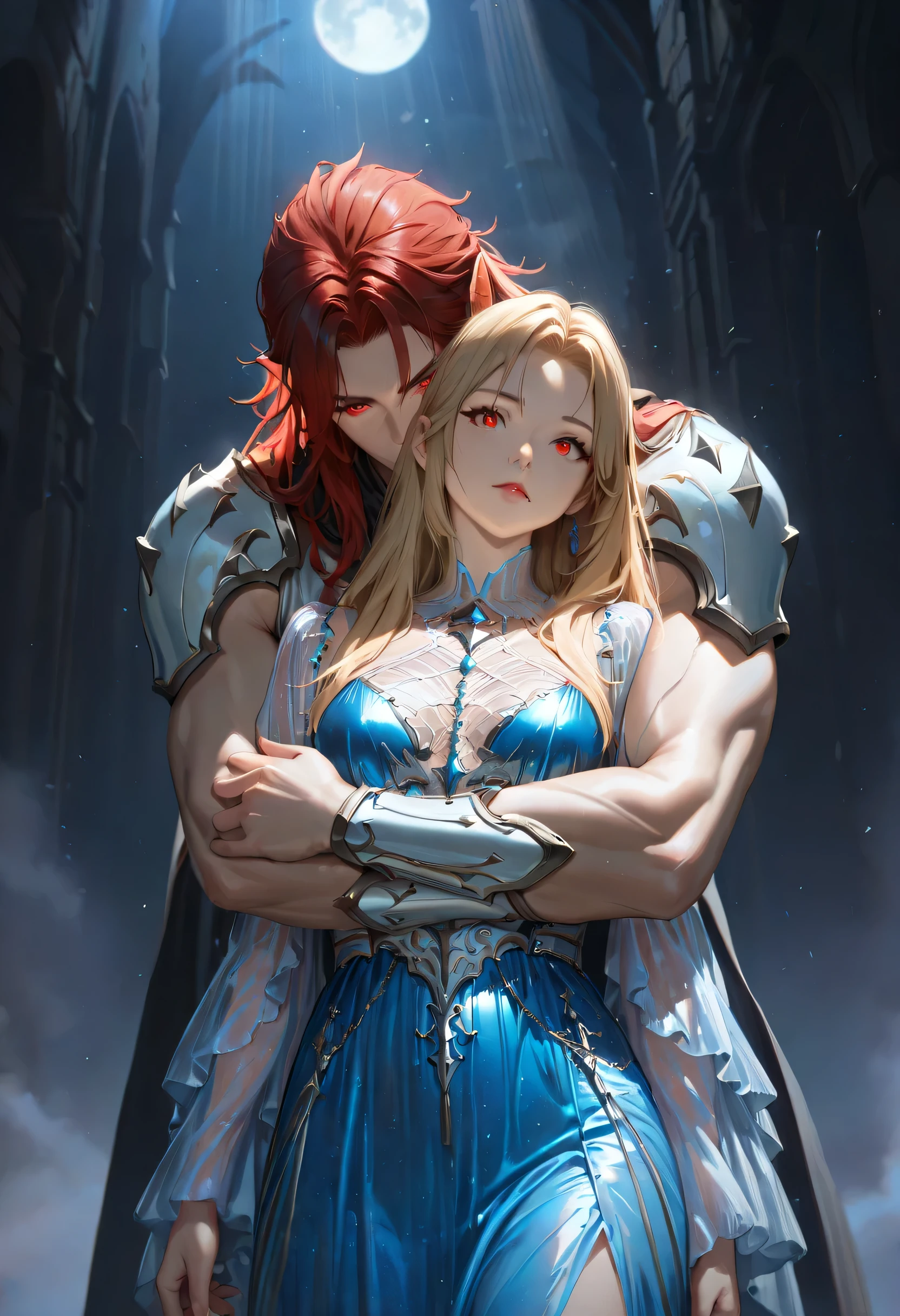 dark fantasy art, a picture of a fantasy, beautiful female vampire, best detailed face,  pale skin, blond hair, glowing eyes, red eyes, wearing blue dress, silk dress, intricate dress, hugging a  man, muscular man, best detailed face, wearing white armor, red hair, reflection light, it is night time, the moon is in the sky, a sense of eternal love, soft light. moon rays. high details, best quality, 16k, [ultra detailed], masterpiece, best quality, (extremely detailed), close up, ultra wide shot, photorealistic, RAW, fantasy art, dnd art, fantasy art, realistic art,((best quality)), ((masterpiece)), (detailed), perfect face, FANTASIA,TERROR,VAMPIRO,