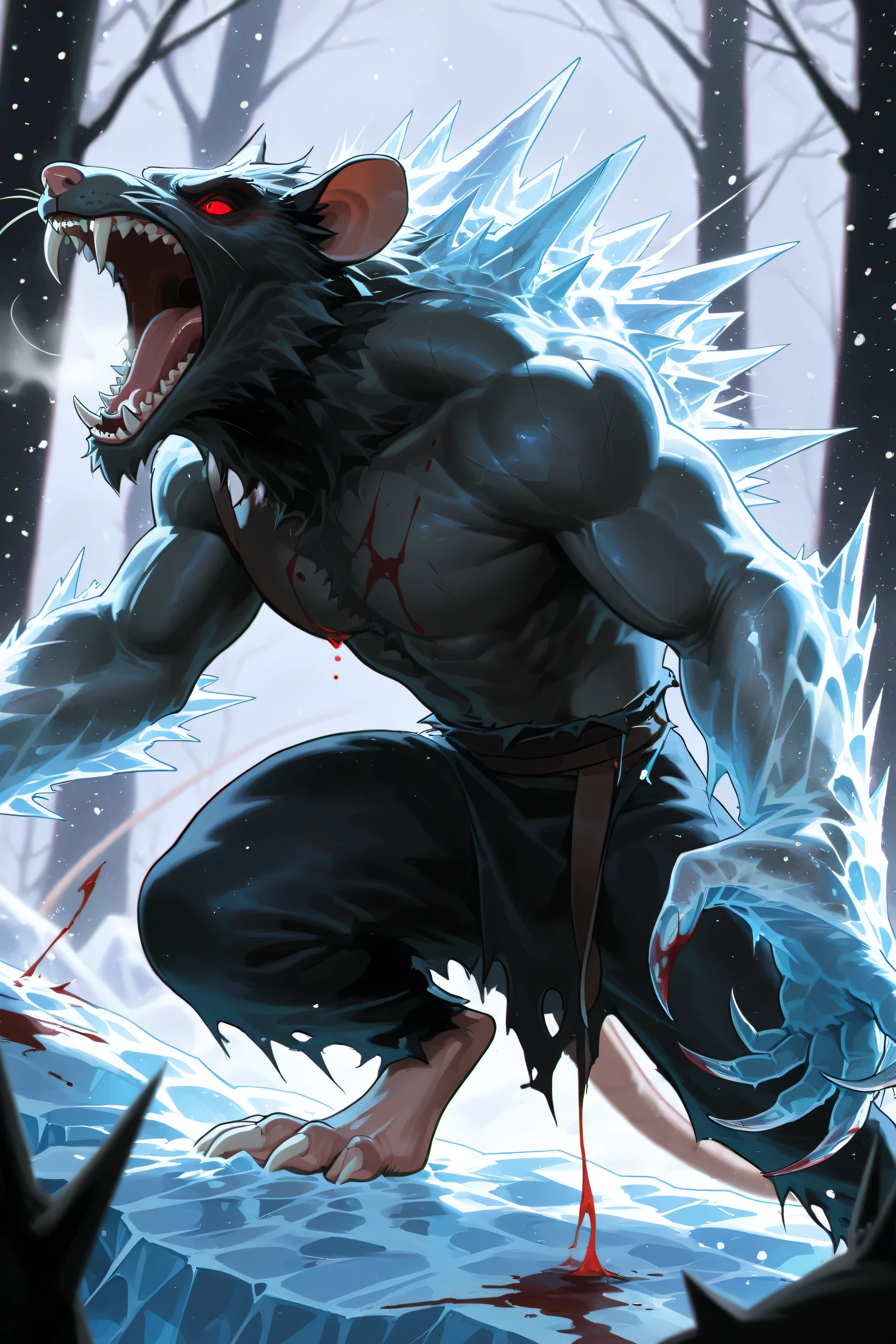 1monster, Rat, Mutant rat, Muscular, Aberration, Huge claws, Fangs, Blood, Ice spikes all over the body, Frozen skin, Frost, Dark forest, Snowing, Black fur, Red eyes, Roaring towards the sky 