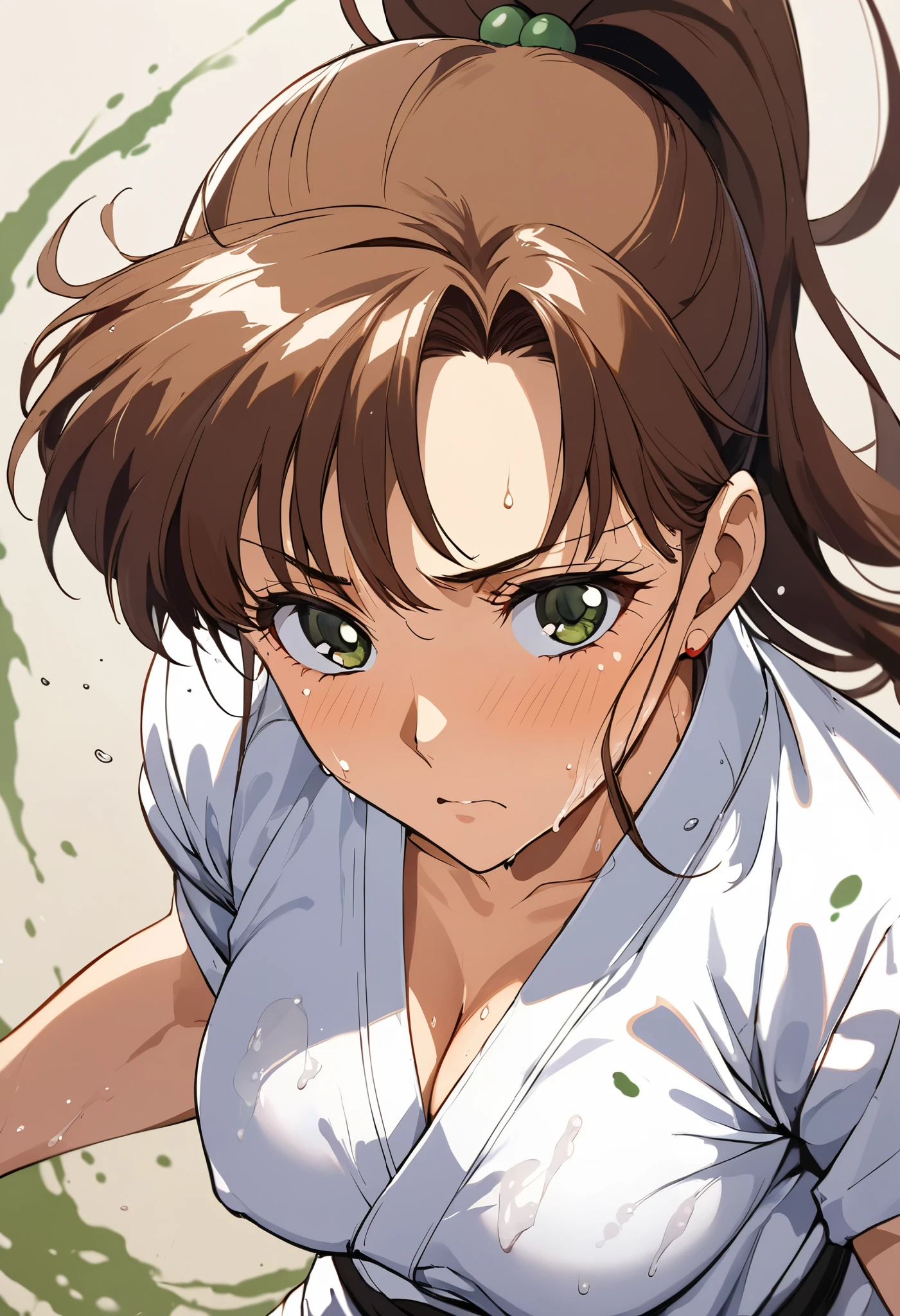 masterpiece, Highest quality, High resolution, (Makoto Kino),1990s \(style\),height: 175cm, Brown long hair,ponytail、 sexyな長い脚, Karate, Martial arts field,(E-cup beautiful breasts)、Sweating all over the body、vapor、Muscular、sexy、Face writhing in pleasure、Sweaty、Configuration from the front、Serious expression、look up,Semen splattered on face、Anime-style painting style,Composition focused on the upper body