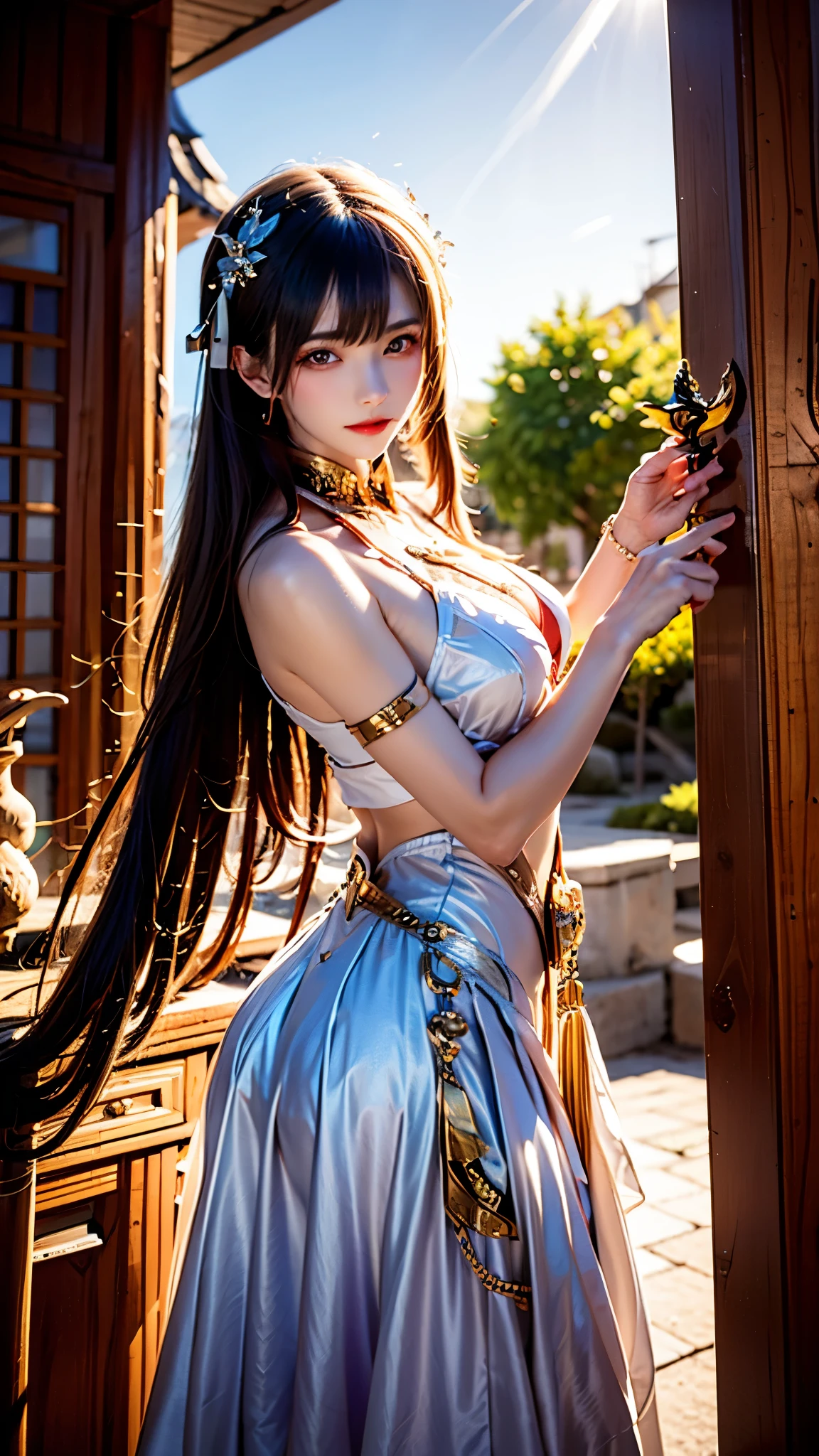 A full-body shot of Princess Zelda, brown hair, blue eyes, dressed as an Assassin from Assassins Creed, in white+gold witha white mask and hood with gold details, XL bust, using a wrist blade. Background: A city during the renaissance period. Unreal Engine 5, Anime, Anime style, Masterpiece, Well drawn eyes, well drawn face, well detailed eyes, well detailed face, 8k, light and shadow effect.