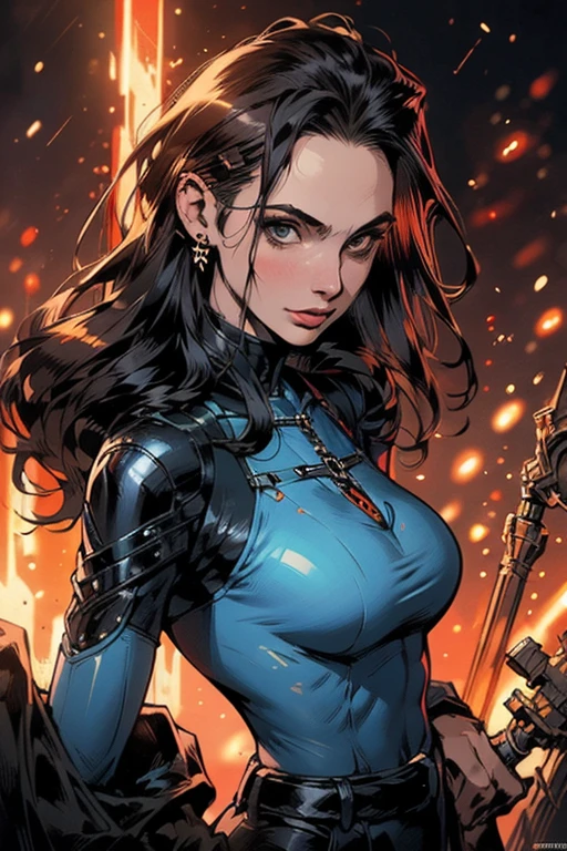 (((ultimate best quality))),((((solo:1.2)))),((((1girl:1.2)))),((((beautiful perfect woman)))),(((detailed perfect body, detailed perfect finger))),((((((ultimate movie poster)))))),(((bust up, close up))),((((detailed complicated machine)))),(((((genius mechanical))))),(((American comics))),(((extreme highlights))),(((Extremely colorful, primary colors))),(cleavage),(super beautiful lady),(((typography))),(((various angles))),(((Sweat dripping down her chest)))