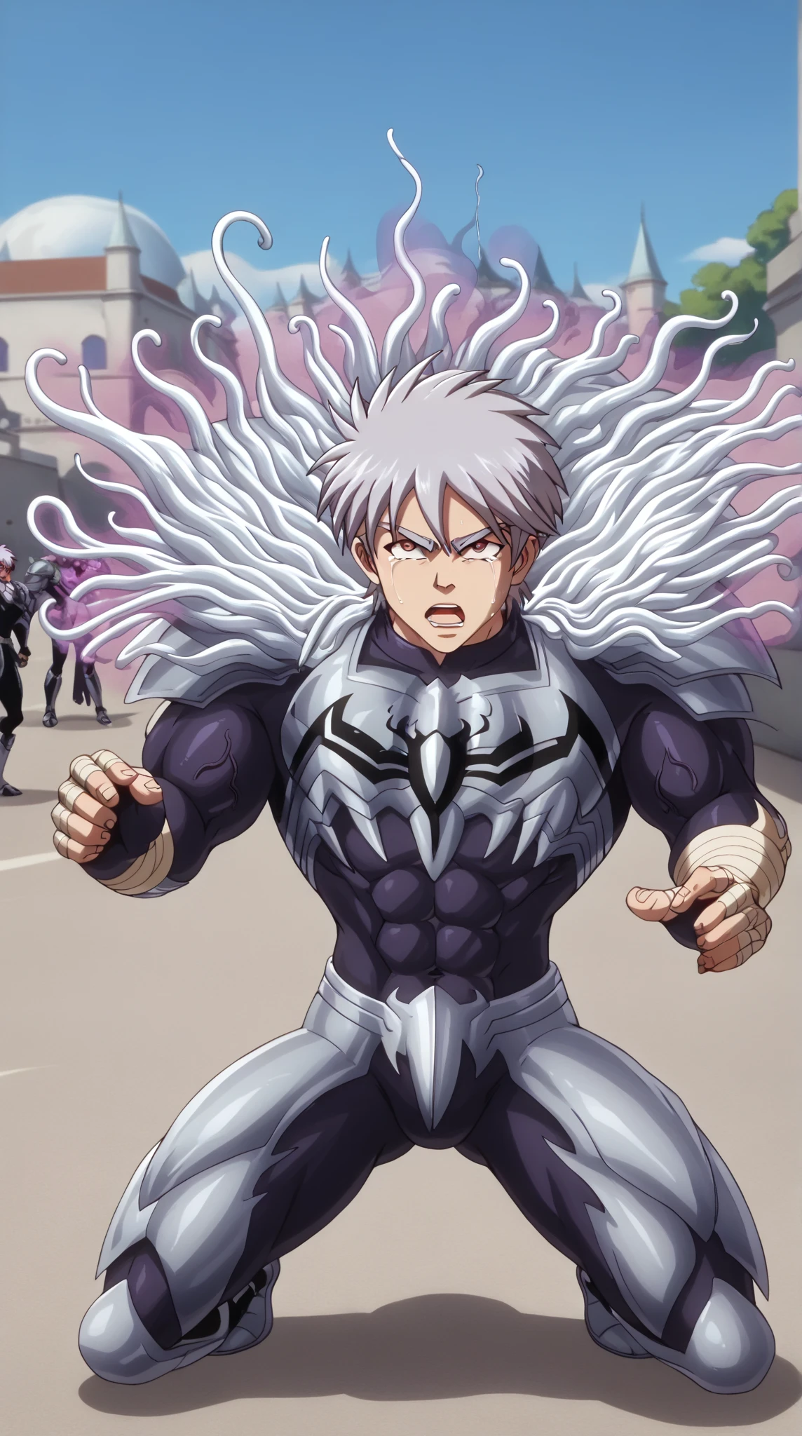 Toei animation style,(((Huge muscles))),Face the enemy,High definitionな顔,Hünkel,Handsome,good looking,((Huge penis,Anal Sex 1.7)),Crying face,Silver Hair,ejaculation,8k,High definition,Masterpiece,Detailed Description,Spike Hair,tall,Under eye paint,countless black tentacles,Sticking out tongue,Lean back,Spider Suit,ぺニスを揺らしながら,rape,Devilish wings,Cat ear,Partially torn armor,(((Black slime jumps into my solar plexus 1,8))),Open your mouth wide,Unfocused eyes，A huge black tear，Muscular penis,rape,