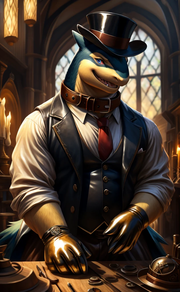 Solo, Male, fat, extremely obese, gentleman, dapper Professor Crocodile, with a large penis and testicles, ejaculating extreme amounts of sperm from the penis, shooting web-shaped sperm from the penis, blue eyes, (posing:1.3), (soft shading), 4k, hi res, ((detailed face, detailed)), looking at viewer, evil grin, steampunk, collared shirt with buttons, top hat, male focus, Explorer Outfit, glasses, monocle, bag, vest with buttons, backpack, sleeves rolled up, round eyewear, brown headwear, brown vest, Crocodile is wearing a glossy leather dog collar around the neck, Crocodile is wearing the leather collar and shirt and vest at the same time, Crocodile is wearing glossy white rubber gloves on the hands, wearing white rubber gloves on the feet, Crocodile is wearing glossy white cuffs around the wrists with cufflinks, gloves are rubber in texture, clenching teeth, Crocodile is rubbing his penis with hands, leather collar is glossy and shiny with a lot of detail, Crocodile is wearing gloves and cuffs and cufflinks at the same time, leather collar has a round dog-tag, leather collar is thick and detailed, sperm is sticky in texture, sperm is shaped like a web.