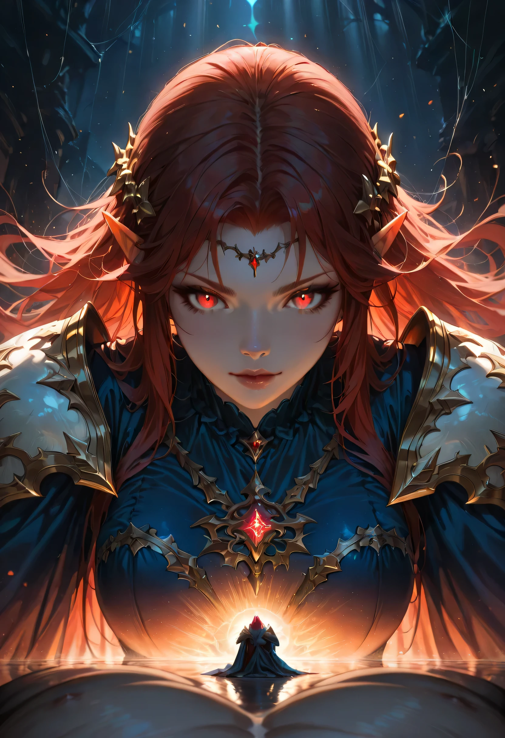 dark fantasy art, a picture of a fantasy, beautiful female vampire, best detailed face,  pale skin, blond hair, glowing eyes, red eyes, wearing blue dress, silk dress, intricate dress, hugging a  man, muscular man, best detailed face, wearing white armor, red hair, reflection light, it is night time, the moon is in the sky, a sense of eternal love, soft light. moon rays. high details, best quality, 16k, [ultra detailed], masterpiece, best quality, (extremely detailed), close up, ultra wide shot, photorealistic, RAW, fantasy art, dnd art, fantasy art, realistic art,((best quality)), ((masterpiece)), (detailed), perfect face, FANTASIA,TERROR,VAMPIRO,