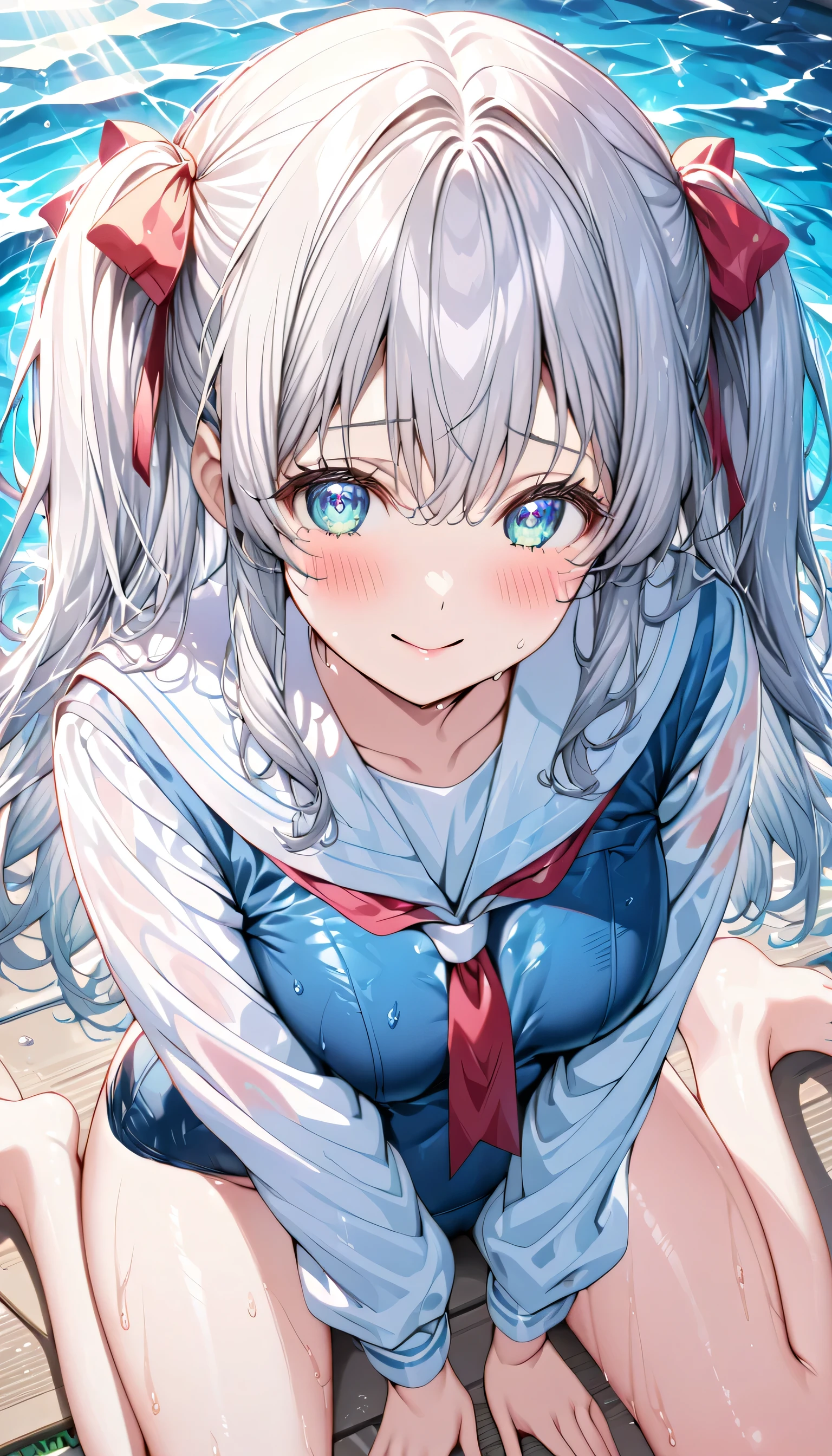 ((ultra-detailed)), (highly detailed CG illustration), (best quality:1.2), ultra-highly detailed, colorful composition, artistic photoshoot, 1girl, solo focus, ((thigh to top:1.4)), ((cowboy shot:1.4)), moe anime character, girl, dainty facial structure, (bab(round face), ((rounded chin:1.2)), ((ideal ratio body proportions)), celia-default, celia claire, (blue eyes), sparkle eyes, silver hair color, two side up, (hair ribbon with red), ample breasts, (white sailor school uniform top), (red tie), (school swimsuit), (blue one-piece swimsuit), (sailor collar), (beautiful see through white sailor school uniform), ((wet clothes)), ((wet body:1.4)), ((shy)), ((blush)), ((bashful)), ((coy)), ((demure)), ((looking at viewer)), ((sitting on floor)), ((wariza:1.4)), ((V arms)), ((in school swimming poolside)), best quality, masterpiece, ((beautiful detailed sky)), ((sunshine pouring down)), from behind, expecting, pink cheek, blush, light pink gloss slip, portrait, depth of field, soft lighting, sidelighting, (shine), lighting, caustics, ray tracing, smile, perfect face, lustrous skin, highly detailed face, highly detailed eyes, perfect face, perfect nose, perfect hair, perfect eyes, perfect anatomy, beautiful hair, beautiful small face, extremely detailed face, beautiful detailed eyes, beautiful clavicle, beautiful body, beautiful huge breasts, leavage, breasts squeezed together, equalize the size of the left and right breasts, beautiful thin thighs, beautiful legs, beautiful fingers, 4 fingers, 1 thumb, lovely, (very detailed background:1.0), (highly detailed background:1.0), summer aesthetic, intricate details, bashful atmosphere, summer colors palette, chromatic aberration