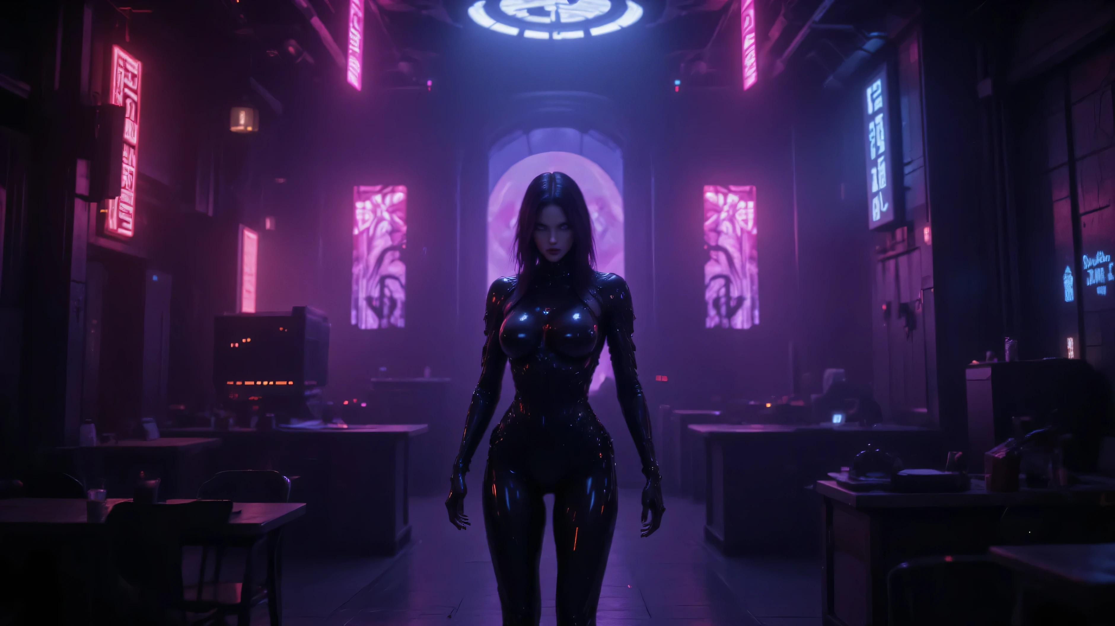 Dark Moonlight Chronicles
downtempo, rap, metal, industrial, dubstep, darkwave, light A fearless aexy beautiful and elegant woman stands in sexy latex legs neon lights night club