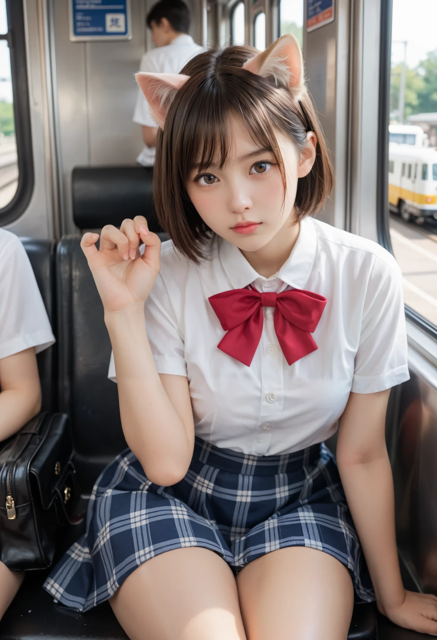 loafers in white, in train, side head, Cat-Eared Girl, short hair, brown eyes, (Japanese Gal), (plain Japanese face ), highly detailed skin, best quality, super detailed face, vibrant colors, (Curvaceous body), one girl, Alone, Pouting, shy and cry and (angry:0.1) and hot and confused, Brown Hair, skirt, white blouse, a red ribbon, sit on train seat, wet seat, beautiful thighs, (embarrassing), cat pose, Shiny thighs, wet micro panties, close up (love juice, pussy juice:1.1), she touch large sack on seat,
