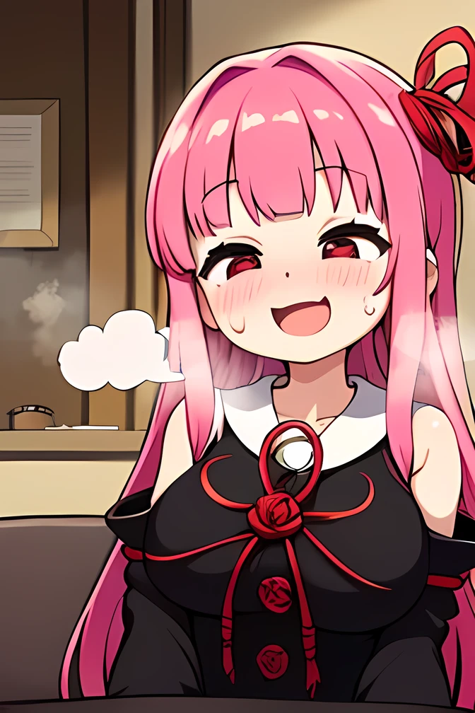  kotonoha akane,(( is puzzling)),Small eyes,((( Eyeliner))),round face,(hair ribbon),pink hair,long hair,(((moved face:1.4))),( drool),(big breast),(( chubby)) ,((black dress)), detached sleeves, wide sleeves, bare shoulders ,(sweat ),((( excited ))),(((steam:1.3))),((( red cheeks))),((Many drops of sweat)),(((happiness:1.5))),(((super high tension))), indoor, living room ,(upper body ),((( Focus on Women ))),