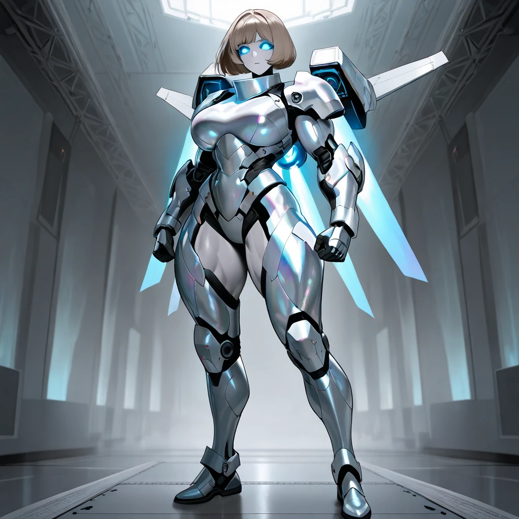 female, blue eyes, robot, black metal body, (((1girl))), (((white cybernetic armor with blue trim))), (white cybernetic gauntlets), (white cybernetic boots), (black tactical belt), (gold badge on shoulder), (white cybernetic helmet), (white mask), long legs