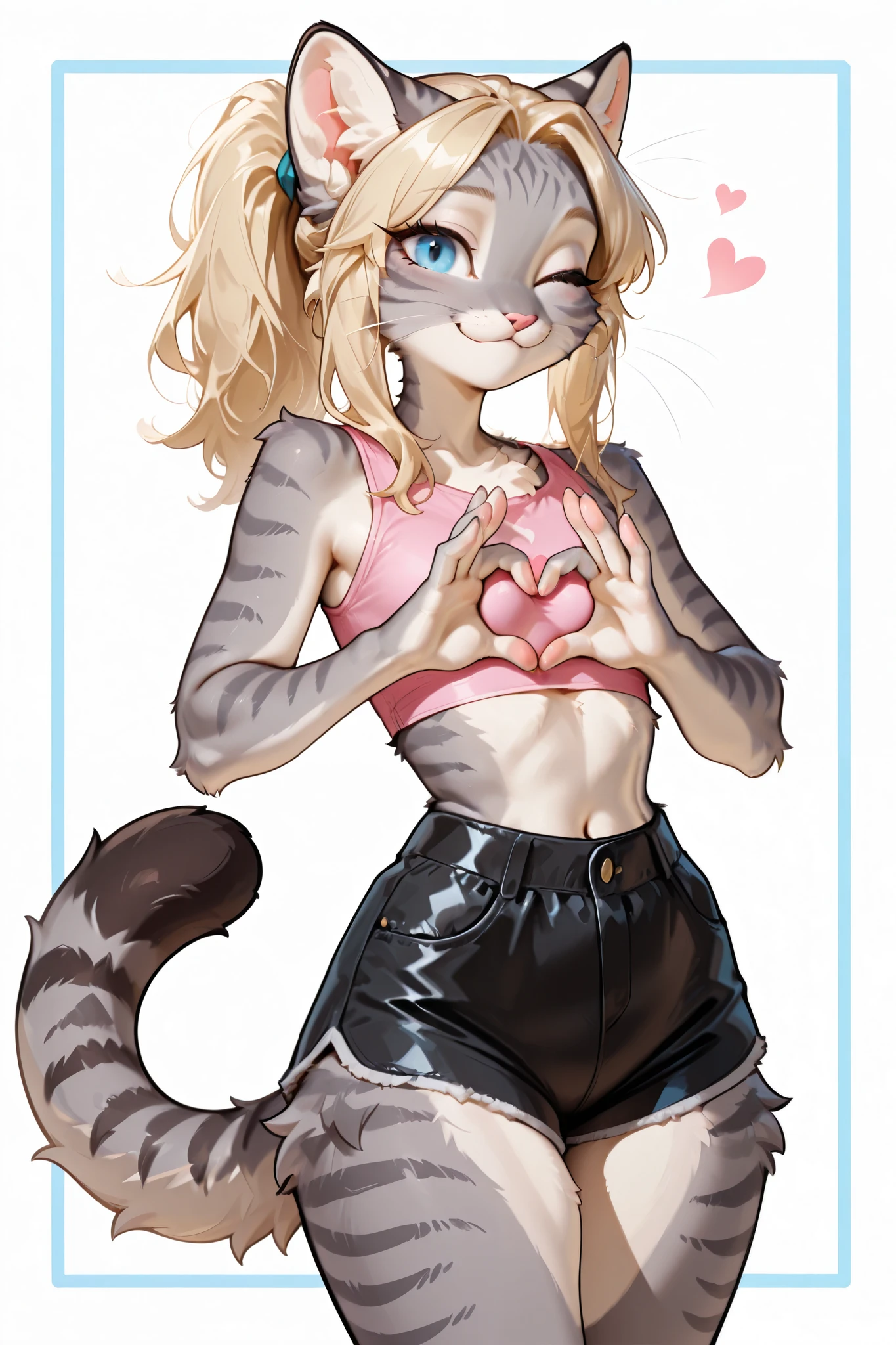 Flat colors, cartoon, countershading, adult female, Anthro furry feline, blue eyes, grey striped fur, :3, cheek fluff, blonde hair, long blonde hair, ponytail, side locks, parted bangs, bangs resting on one side of face, small breasts, pink nose, whiskers, tall body, five fingers, wearing pink crop top, black short shorts, Hand heart gesture, winking, masterpiece,best quality,amazing quality,very aesthetic,absurdres,newest,