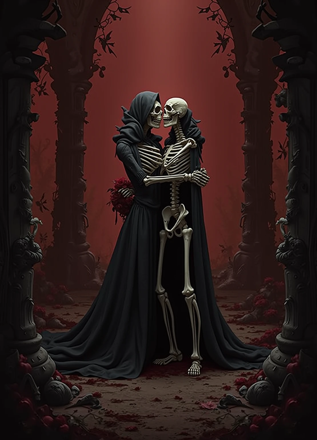 Grim Reaper hugging a blind sister from behind,Demi god,Red eyes