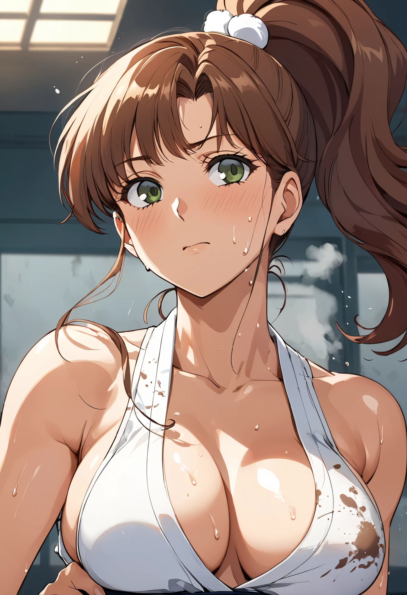 masterpiece, Highest quality, High resolution, (Makoto Kino),1990s \(style\),Green Swimsuit、Green Bikini,(E-cup beautiful breasts)、tall、Sweating all over the body、vapor、Beautiful big boobs、Muscular、sexy、Face writhing in pleasure、The whole body is covered in sex fluids、Sweaty、Side view、Crying expression、Semen splattered on face、Anime-style painting style,Brown Hair、ponytail、Composition that focuses on the upper body