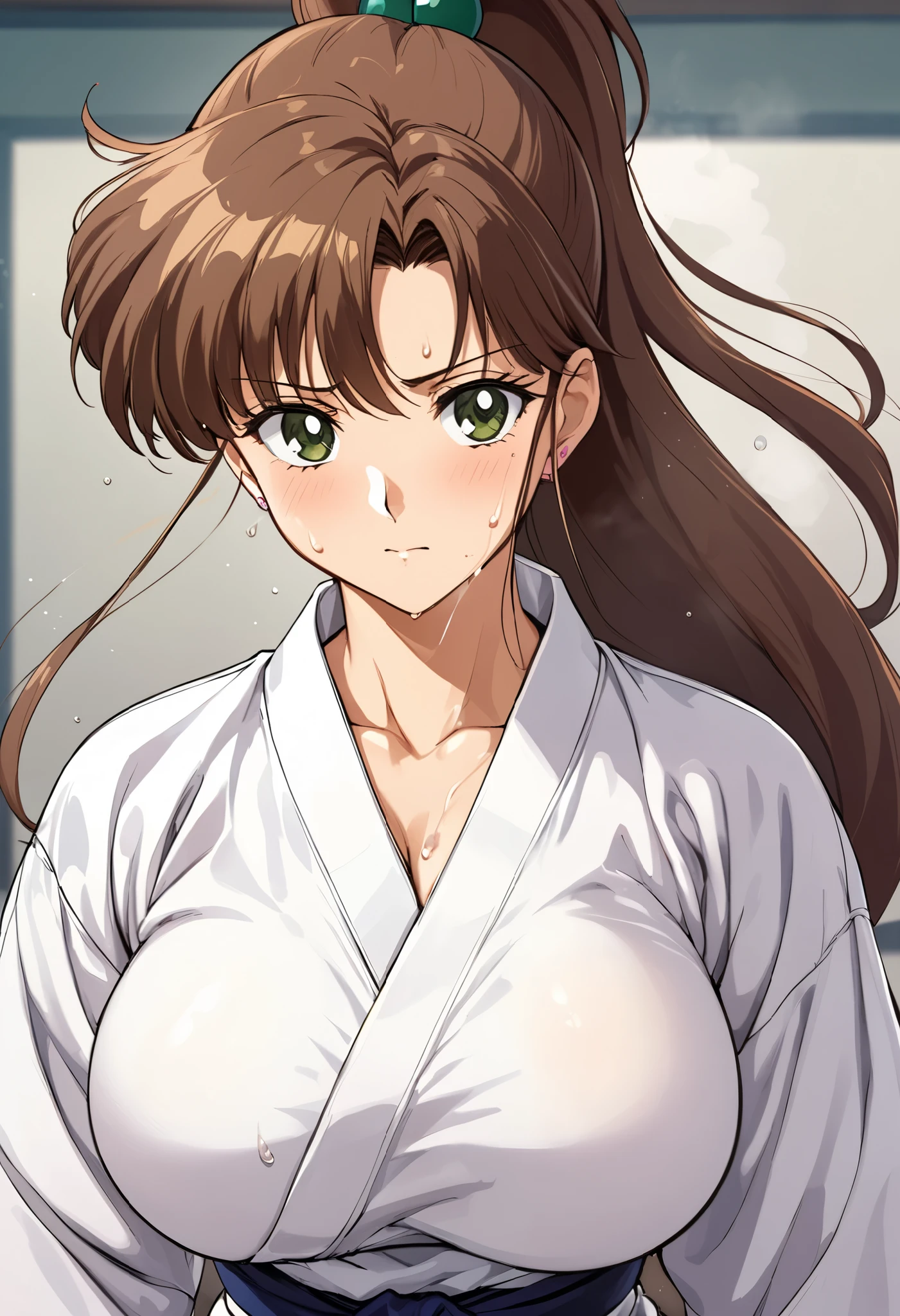 masterpiece, top quality, Hi-Res, (Makoto Kino),1990s \( style\),: 175cm, Brown Long Hair , ponytail、 sexyな長い脚, karate, Martial Arts Field ,( E cup beautiful breasts)、 sweaty all over 、vapor、 muscular、 sexy、A face twisted with joy、 sweaty 、 front configuration 、 serious expression 、 looks up, semen splashes on my face 、Anime- style painting style, composition focusing on the upper body