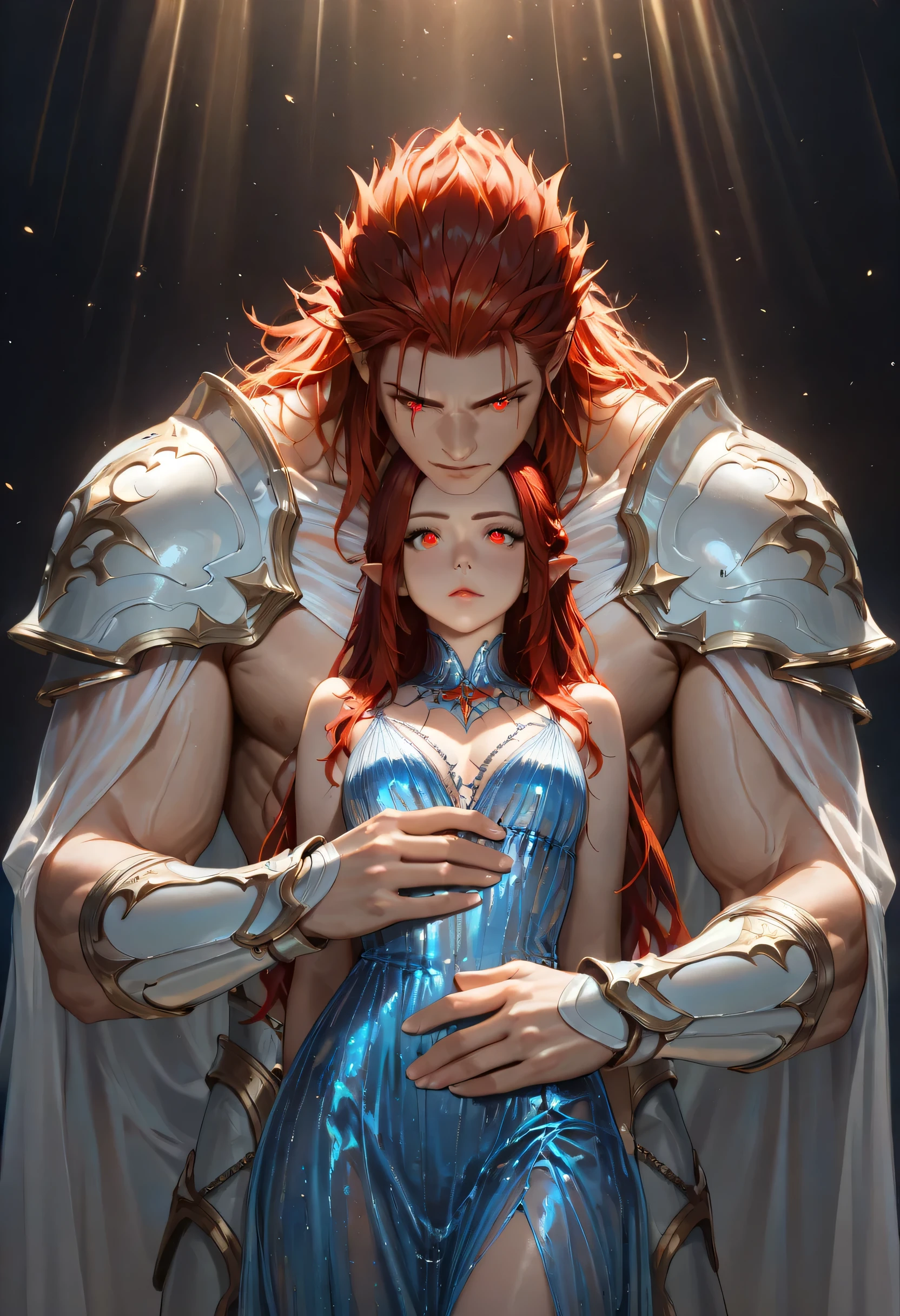 dark fantasy art, a picture of a fantasy, beautiful female vampire, best detailed face,  pale skin, blond hair, glowing eyes, red eyes, wearing blue dress, silk dress, intricate dress, hugging a  man, muscular man, best detailed face, wearing white armor, red hair, reflection light, it is night time, the moon is in the sky, a sense of eternal love, soft light. moon rays. high details, best quality, 16k, [ultra detailed], masterpiece, best quality, (extremely detailed), close up, ultra wide shot, photorealistic, RAW, fantasy art, dnd art, fantasy art, realistic art,((best quality)), ((masterpiece)), (detailed), perfect face, Cinematic Shot