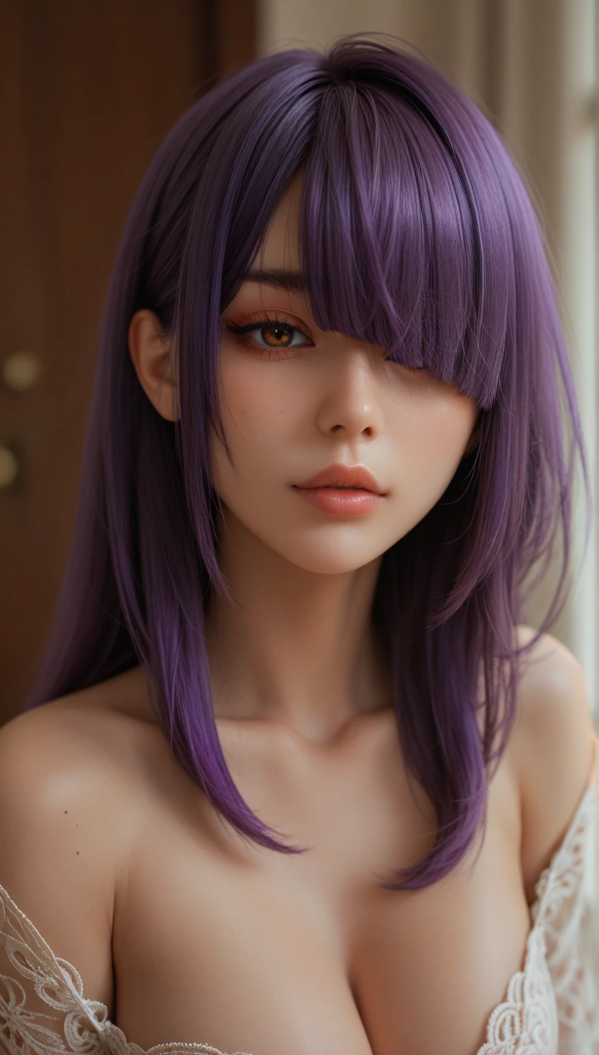 ultra realistic, Photon, Luffy with long hair, purple eyes and purple hair.(detailded)