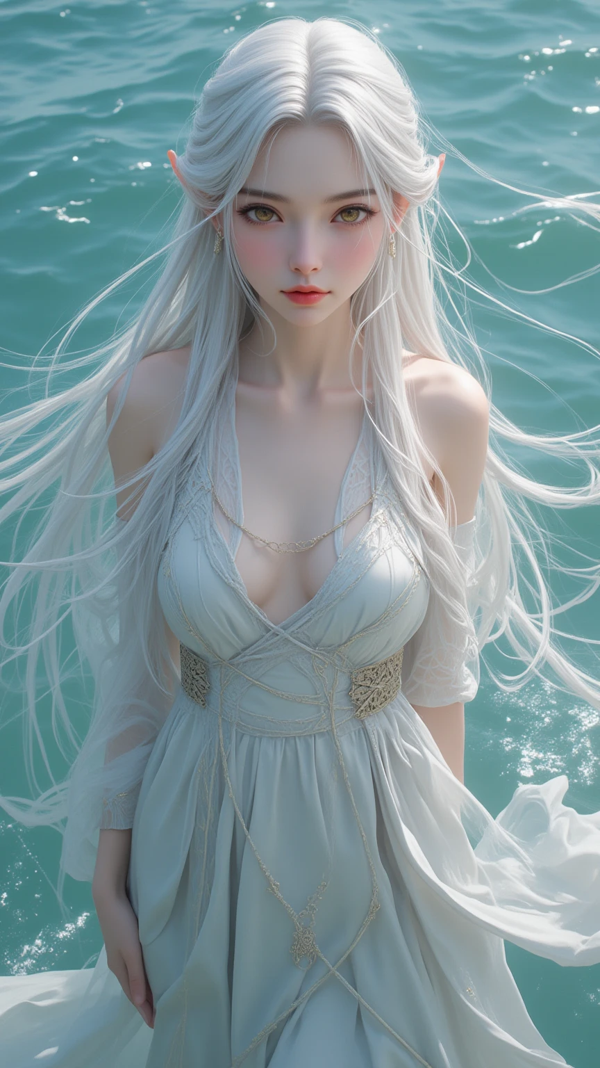 18-year-old female,Milky white long hair,Red Eyes,Long eyelashes,Unbelievably huge breasts,((3D anime style)),Fleeting,Eyes downcast,A revealing white dress,Look at the bottom left,Stand above the surface of the water,