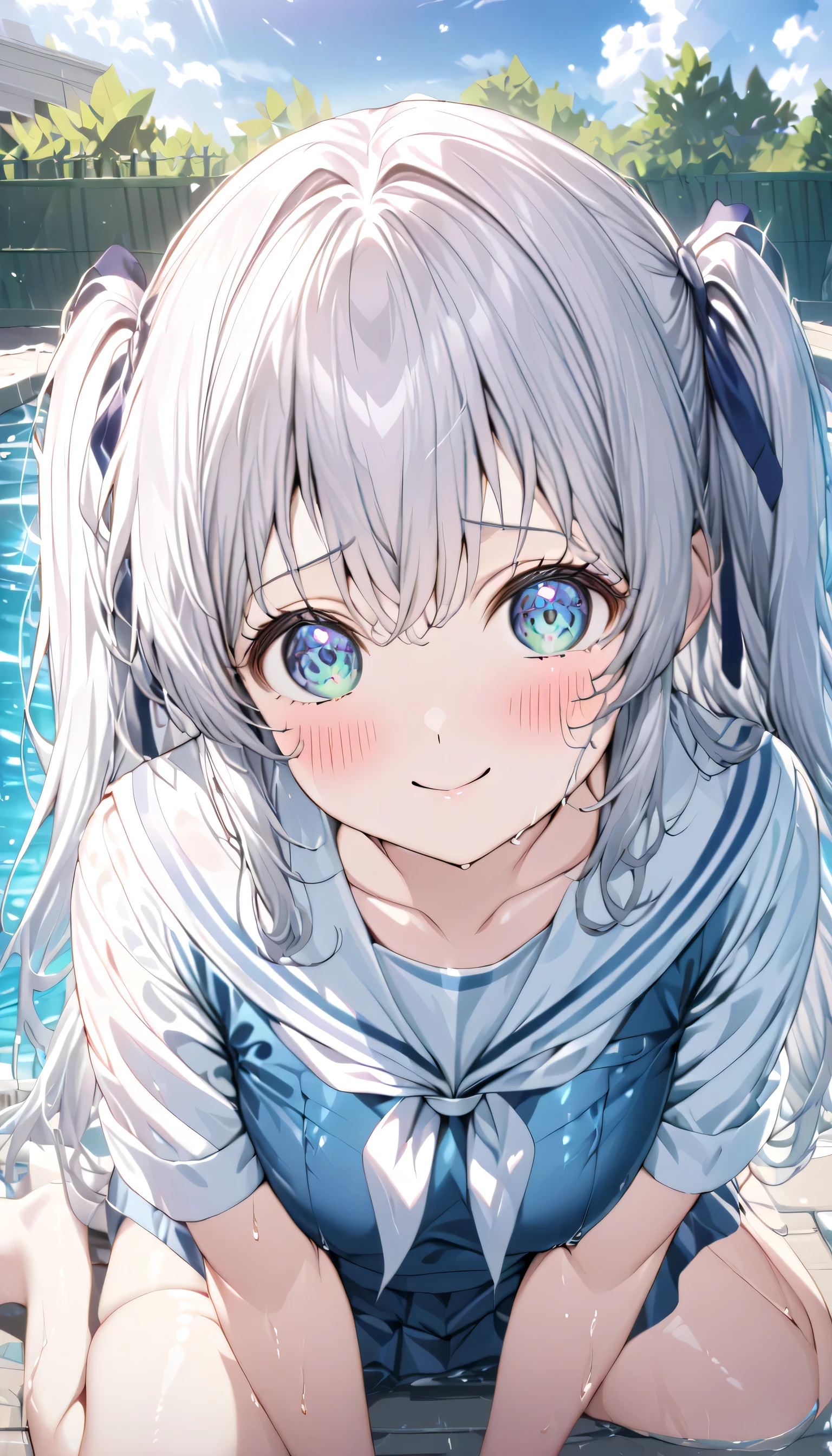 ((ultra-detailed)), (highly detailed CG illustration), (best quality:1.2), ultra-highly detailed, colorful composition, artistic photoshoot, 1girl, solo focus,  ((thigh to top:1.4)), ((cowboy shot:1.4)), moe anime character,  girl, dainty facial structure, (bab(round face), ((rounded chin:1.2)), ((ideal ratio body proportions)), celia-default, celia claire, (blue eyes), sparkle eyes, silver hair color, two side up, (hair ribbon with red), ample breasts, (white sailor school uniform top), (red tie), (school swimsuit), (blue one-piece swimsuit), (sailor collar), (beautiful see through white sailor school uniform), ((wet clothes)), ((wet body:1.4)), ((shy)), ((blush)), ((bashful)), ((coy)), ((demure)), ((looking at viewer)), ((sitting on floor)), ((wariza:1.4)), ((V arms)), ((in school swimming poolside)), best quality, masterpiece, ((beautiful detailed sky)), ((sunshine pouring down)), ((from behind:1.4)), ((appearance from behind:1.4)), expecting, pink cheek, blush, light pink gloss slip, portrait, depth of field, soft lighting, sidelighting, (shine), lighting, caustics, ray tracing, smile, perfect face, lustrous skin, highly  detailed face, highly detailed eyes, perfect face, perfect nose, perfect hair, perfect eyes, perfect anatomy, beautiful hair, beautiful small face, extremely detailed face, beautiful detailed eyes, beautiful clavicle, beautiful body, beautiful huge breasts, leavage, breasts squeezed together, equalize the size of the left and right breasts, beautiful thin thighs,  beautiful legs, beautiful fingers, 4 fingers, 1 thumb, lovely, (very detailed background:1.0), (highly detailed background:1.0), summer aesthetic, intricate details, bashful atmosphere, summer colors palette, chromatic aberration