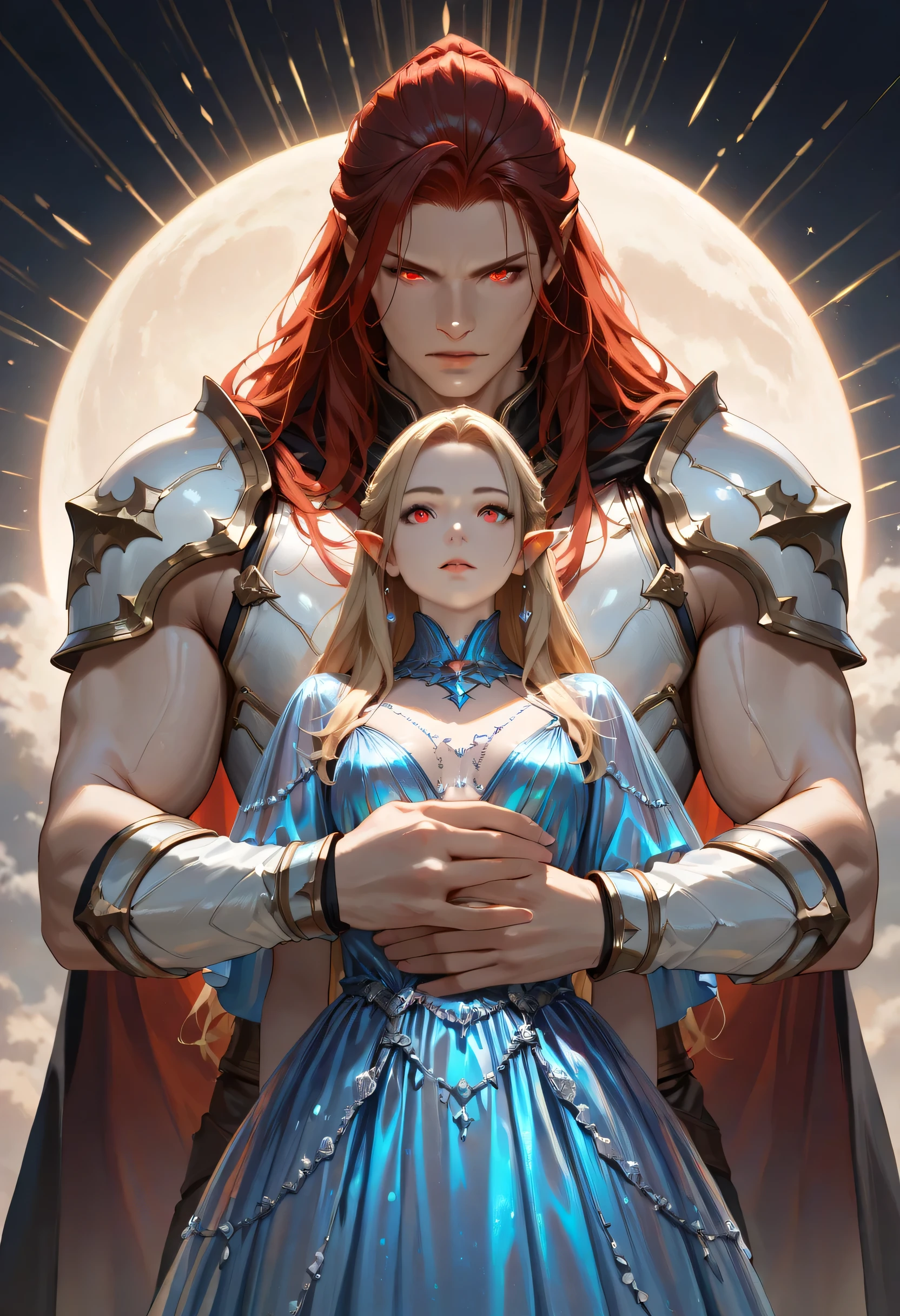 dark fantasy art, a picture of a fantasy, beautiful female vampire, best detailed face,  pale skin, blond hair, glowing eyes, red eyes, wearing blue dress, silk dress, intricate dress, hugging a  man, muscular man, best detailed face, wearing white armor, red hair, reflection light, it is night time, the moon is in the sky, a sense of eternal love, soft light. moon rays. high details, best quality, 16k, [ultra detailed], masterpiece, best quality, (extremely detailed), close up, ultra wide shot, photorealistic, RAW, fantasy art, dnd art, fantasy art, realistic art,((best quality)), ((masterpiece)), (detailed), perfect face, fantasy