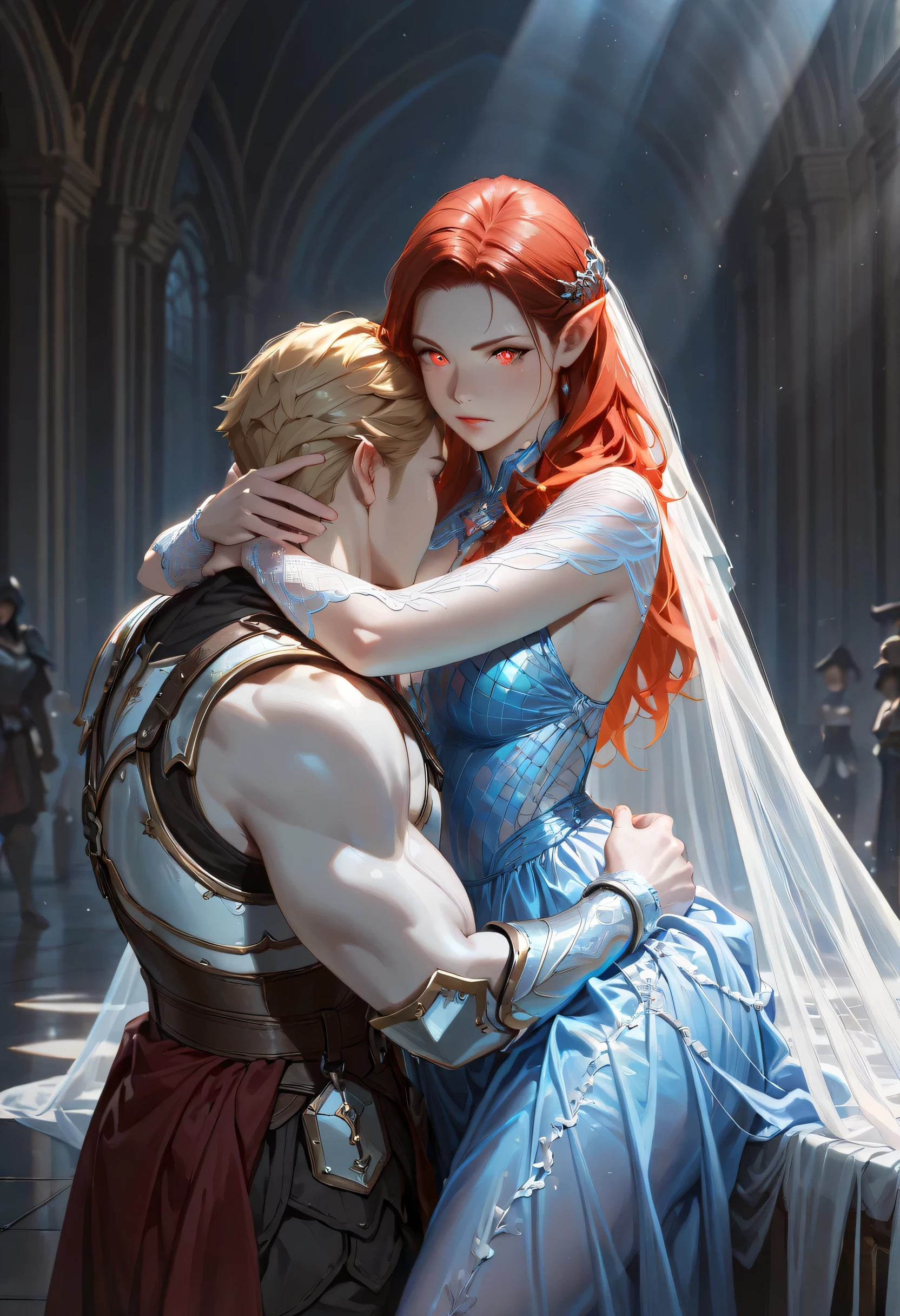 dark fantasy art, a picture of a fantasy, beautiful female vampire, best detailed face,  pale skin, blond hair, glowing eyes, red eyes, wearing blue dress, silk dress, intricate dress, hugging a  man, muscular man, best detailed face, wearing white armor, red hair, reflection light, it is night time, the moon is in the sky, a sense of eternal love, soft light. moon rays. high details, best quality, 16k, [ultra detailed], masterpiece, best quality, (extremely detailed), close up, ultra wide shot, photorealistic, RAW, fantasy art, dnd art, fantasy art, realistic art,((best quality)), ((masterpiece)), (detailed), perfect face, fantasy