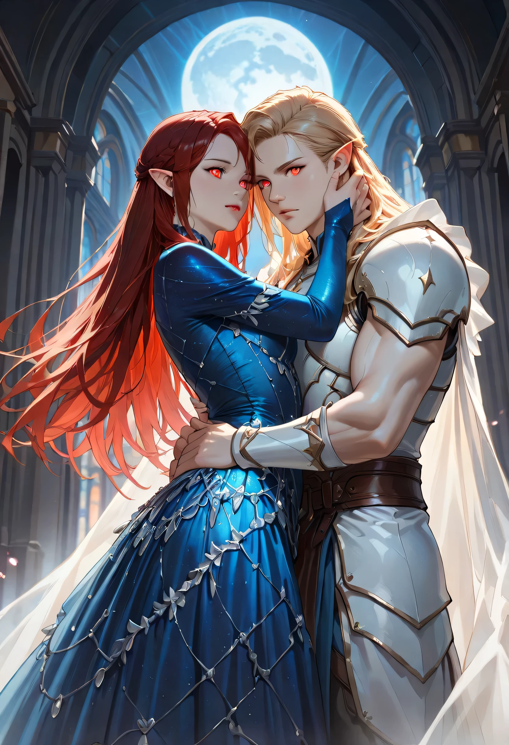 dark fantasy art, a picture of a fantasy, beautiful female vampire, best detailed face,  pale skin, blond hair, glowing eyes, red eyes, wearing blue dress, silk dress, intricate dress, hugging a  man, muscular man, best detailed face, wearing white armor, red hair, reflection light, it is night time, the moon is in the sky, a sense of eternal love, soft light. moon rays. high details, best quality, 16k, [ultra detailed], masterpiece, best quality, (extremely detailed), close up, ultra wide shot, photorealistic, RAW, fantasy art, dnd art, fantasy art, realistic art,((best quality)), ((masterpiece)), (detailed), perfect face, fantasy