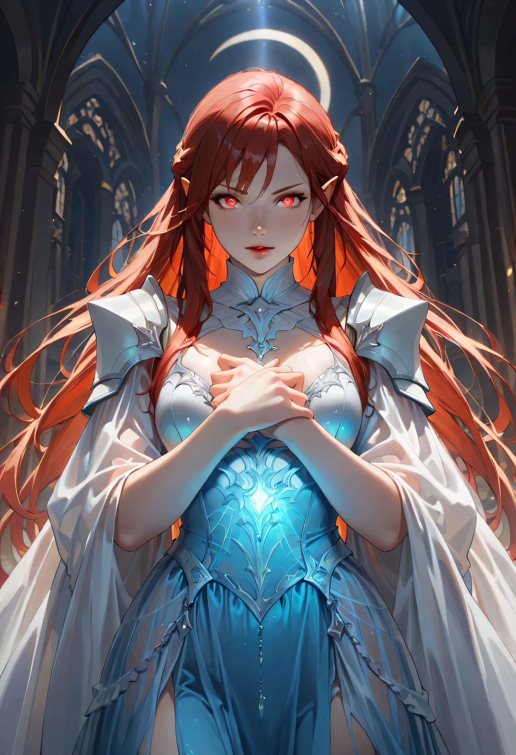 dark fantasy art, a picture of a fantasy, beautiful female vampire, best detailed face,  pale skin, blond hair, glowing eyes, red eyes, wearing blue dress, silk dress, intricate dress, hugging a  man, muscular man, best detailed face, wearing white armor, red hair, reflection light, it is night time, the moon is in the sky, a sense of eternal love, soft light. moon rays. high details, best quality, 16k, [ultra detailed], masterpiece, best quality, (extremely detailed), close up, ultra wide shot, photorealistic, RAW, fantasy art, dnd art, fantasy art, realistic art,((best quality)), ((masterpiece)), (detailed), perfect face, fantasy