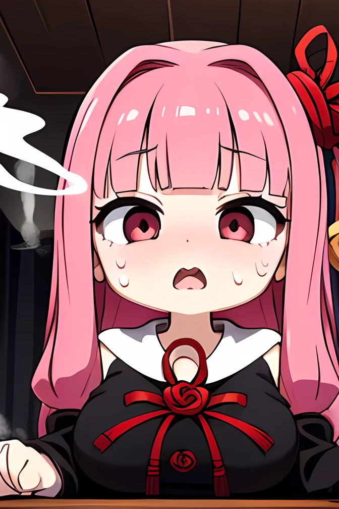 kotonoha akane,(( is puzzling)),Small eyes,((( Heart Eyes ))),round face,(hair ribbon),pink hair,long hair,(((open your mouth :1.4))),(((One double tooth)))),(big breast),(( chubby)) ,((black dress)), detached sleeves, wide sleeves, bare shoulders ,(sweat ),((( excited ))),(((steam:1.3))),((( red cheeks))),((Many drops of sweat)),(((Begging:1.5))),(((super high tension))), indoor, living room ,(upper body ),((( Focus on Women ))),((( suspicious atmosphere :1.5))), angle from below,