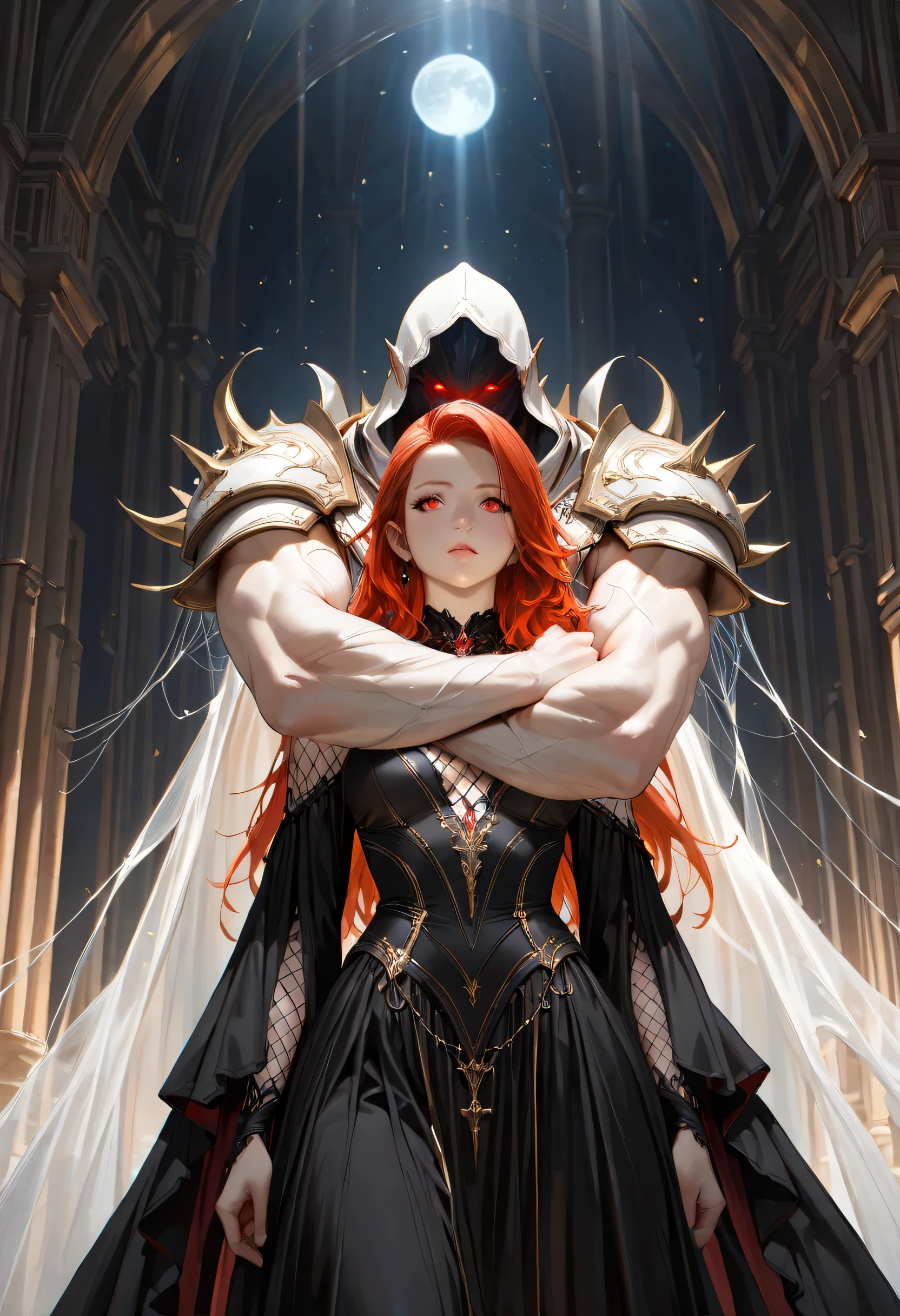 dark fantasy art, a picture of a fantasy, beautiful female vampire, best detailed face,  pale skin, blond hair, glowing eyes, red eyes, wearing black dress, silk dress, intricate dress, hugging a  man, muscular man, best detailed face, wearing white armor, red hair, reflection light, it is night time, the moon is in the sky, a sense of eternal love, soft light. moon rays. high details, best quality, 16k, [ultra detailed], masterpiece, best quality, (extremely detailed), close up, ultra wide shot, photorealistic, RAW, fantasy art, dnd art, fantasy art, realistic art,((best quality)), ((masterpiece)), (detailed), perfect face, fantasy