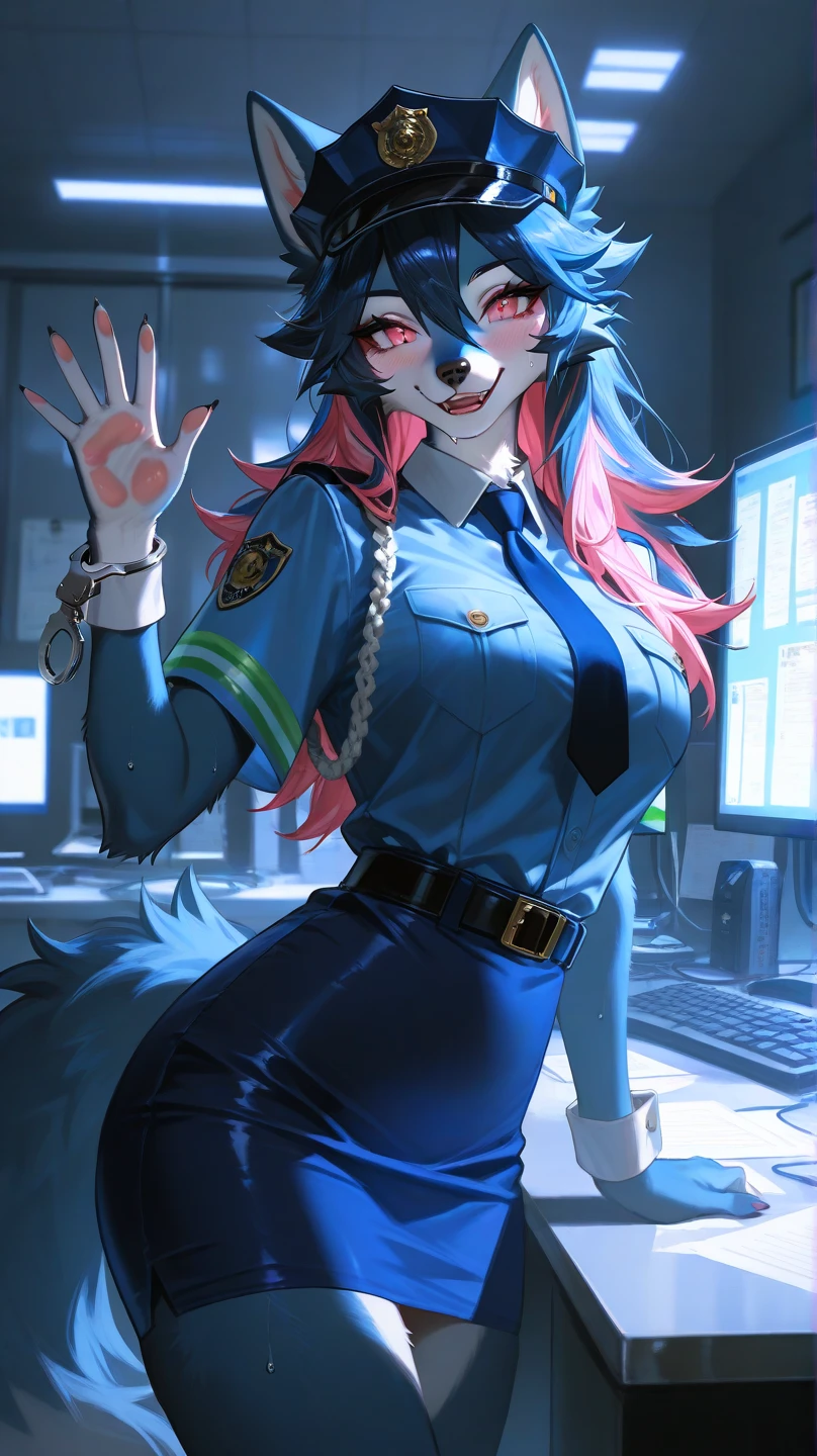 (Masterpiece) (High Detail) (High Res) A close up of a short little slim humanoid girl with pale human skin and blue eyes and long blue hair and blue dog ears and a fluffy blue dog tail and average breasts. She is wearing a police outfit with white blouse, navy blue cravat, navy blue police hat. Navy blue short skirt. She has her hands behind her back. She is blushing. She looks serious.
