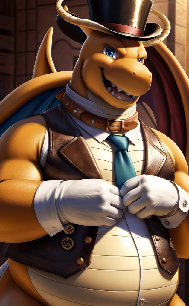 Solo, Male, close up, fat, musclegut, obese, steampunk, gentleman, dapper Dragonite, blue eyes, wearing a big leather collar around his neck, (soft shading), 4k, hi res, ((detailed face, detailed)), looking at viewer, evil grin, collared shirt with buttons, top-hat, necktie, male focus, Tailor Uniform, steampunk attire, Vest with buttons, sleeves rolled up, dapper top-hat, dapper vest, Tailor, Tailor setting, leather collar is worn above the necktie, Dragonite is wearing a glossy leather dog collar around the neck, Dragonite is wearing the leather collar and shirt and vest at the same time, Dragonite is wearing glossy white rubber gloves on the hands, wearing white rubber gloves on the feet, Dragonite is wearing glossy white gloves with cufflinks, gloves are rubber in texture, laughing evilly, clenching teeth, big leather collar is glossy and shiny with a lot of detail, Dragonite is wearing gloves and cufflinks at the same time, leather collar has a lot of detail, big leather collar is thick and detailed, rolled up sleeves, brown leather collar is visible and smooth, Dragonite's big leather collar has only one buckle, brown leather collar is buckled in the center of the Dragonite's neck, gloved hands, fancy top-hat, glossy top-hat, close up, (high quality,4k,8k,highres,masterpiece:1.2),ultra-detailed,(realistic,photorealistic,photo-realistic:1.37), masterpiece,(intricate details), captivating artwork, artistically rendered, masterful strokes, attention to detail, tasteful composition, alluring charm, careful shading, great attention to anatomy, meticulous rendering, impeccable craftsmanship, vivid colors, perfect balance between realism and fantasy.