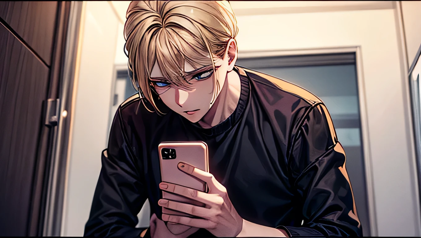 *" A young man with slightly disheveled blond hair , blue eyes wide open but desperate look , bowed his head down in the hospital corridor . Pale face , lips clenched , hands clutching phone , white knuckles bent from stress . His shoulders shook slightly , Tense body , gasps of breath as if trying to calm down but in vain.
