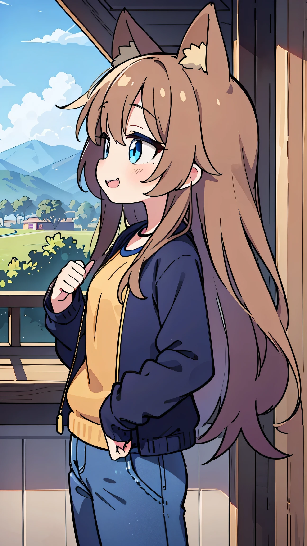 anime style、 fox ears、 brown hair at the gym、 long hair、 girl、 blue eyes 、 The brown jacket、navy blue jeans、 Bbo~、I'm watching the scenery from the observatory、 double teeth、 profile、smile
