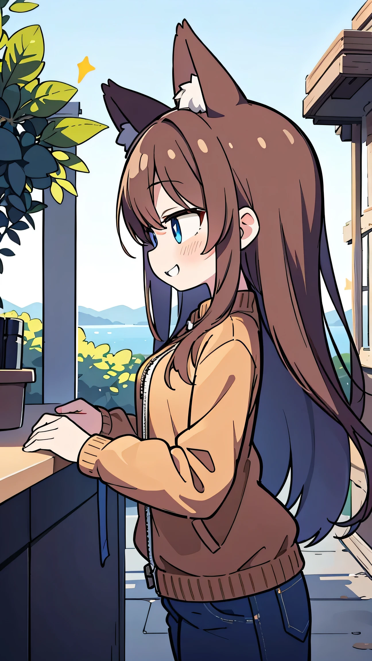anime style、 fox ears、 brown hair at the gym、 long hair、 girl、 blue eyes 、 The brown jacket、navy blue jeans、 Bbo~、I'm watching the scenery from the observatory、 double teeth、 profile、smile