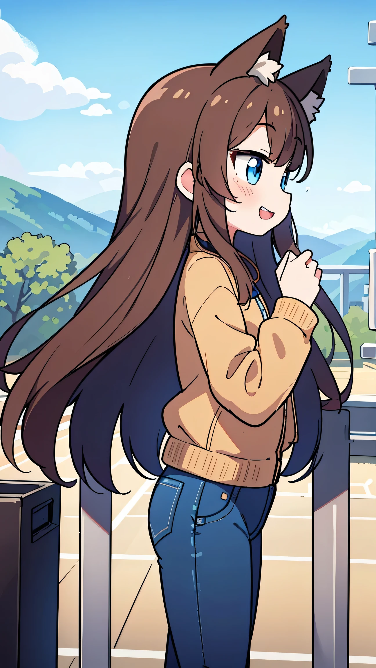   anime style、  fox ears、  brown hair at the gym、 long hair、  girl、  blue eyes 、 The brown jacket、navy blue jeans、 Bbo~、I'm watching the scenery from the observatory、 double teeth、 profile、smile
