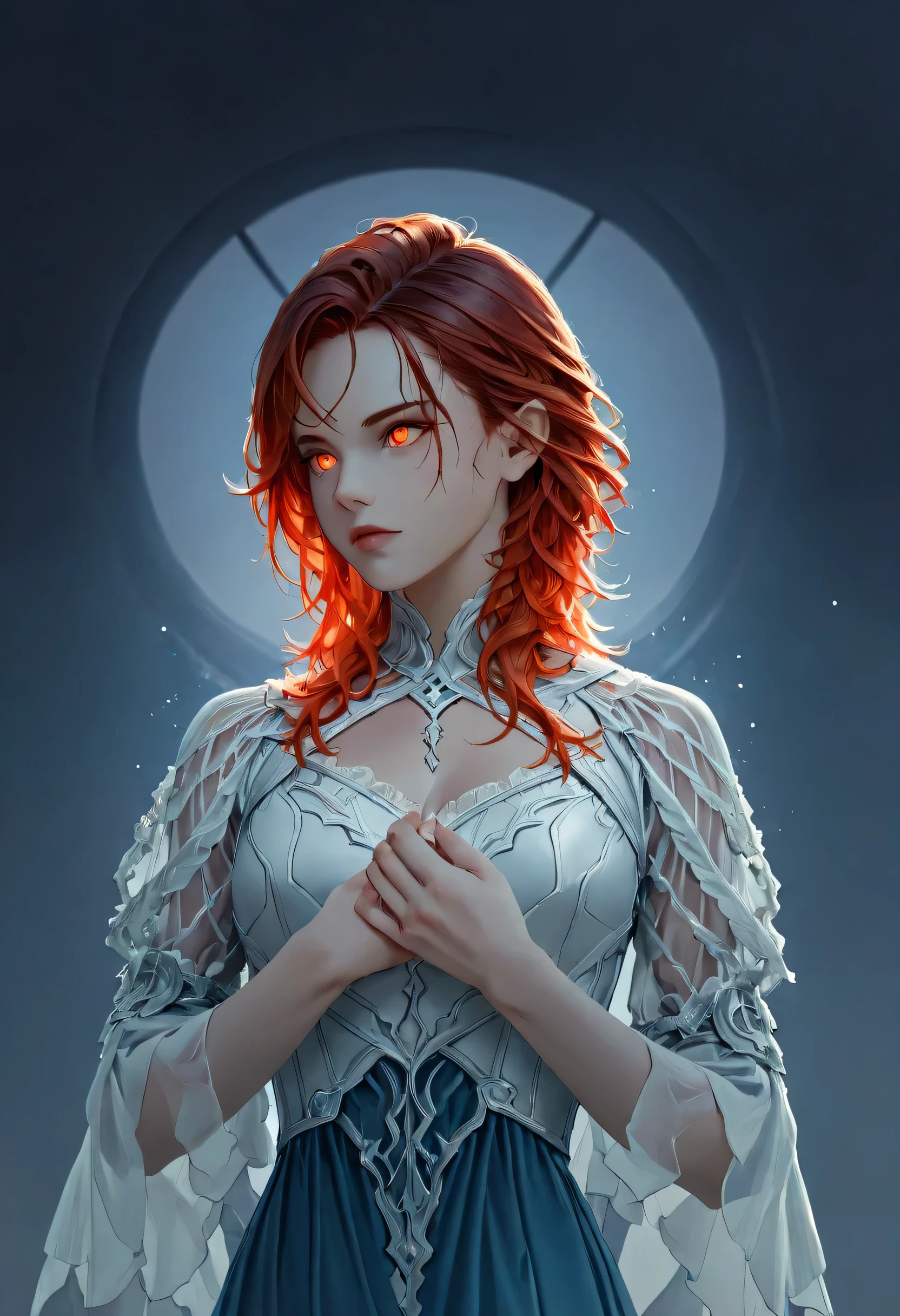 dark fantasy art, a picture of a fantasy, beautiful female vampire, best detailed face,  pale skin, blond hair, glowing eyes, red eyes, wearing blue dress, silk dress, intricate dress, hugging a  man, muscular man, best detailed face, wearing white armor, red hair, reflection light, it is night time, the moon is in the sky, a sense of eternal love, soft light. moon rays. high details, best quality, 16k, [ultra detailed], masterpiece, best quality, (extremely detailed), close up, ultra wide shot, photorealistic, RAW, fantasy art, dnd art, fantasy art, realistic art,((best quality)), ((masterpiece)), (detailed), perfect face, fantasy