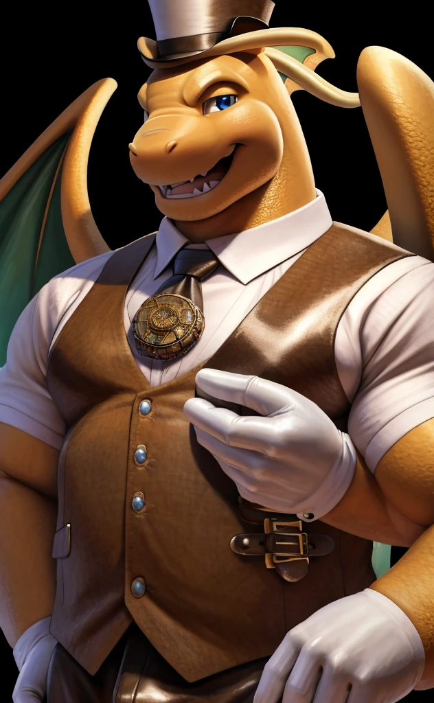 Solo, Male, close up, fat, musclegut, obese, steampunk, gentleman, dapper Dragonite, blue eyes, wearing a big leather collar around his neck, (soft shading), 4k, hi res, ((detailed face, detailed)), looking at viewer, evil grin, collared shirt with buttons, top-hat, necktie, male focus, Tailor Uniform, steampunk attire, Vest with buttons, sleeves rolled up, dapper top-hat, dapper vest, Tailor, Tailor setting, leather collar is worn above the necktie, Dragonite is wearing a glossy leather dog collar around the neck, Dragonite is wearing the leather collar and shirt and vest at the same time, Dragonite is wearing glossy white rubber gloves on the hands, wearing white rubber gloves on the feet, Dragonite is wearing glossy white gloves with cufflinks, gloves are rubber in texture, laughing evilly, clenching teeth, big leather collar is glossy and shiny with a lot of detail, Dragonite is wearing gloves and cufflinks at the same time, leather collar has a lot of detail, big leather collar is thick and detailed, rolled up sleeves, brown leather collar is visible and smooth, Dragonite's big leather collar has only one buckle, brown leather collar is buckled in the center of the Dragonite's neck, gloved hands, fancy top-hat, glossy top-hat, close up, (high quality,4k,8k,highres,masterpiece:1.2),ultra-detailed,(realistic,photorealistic,photo-realistic:1.37), masterpiece,(intricate details), captivating artwork, artistically rendered, masterful strokes, attention to detail, tasteful composition, alluring charm, careful shading, great attention to anatomy, meticulous rendering, impeccable craftsmanship, vivid colors, perfect balance between realism and fantasy.