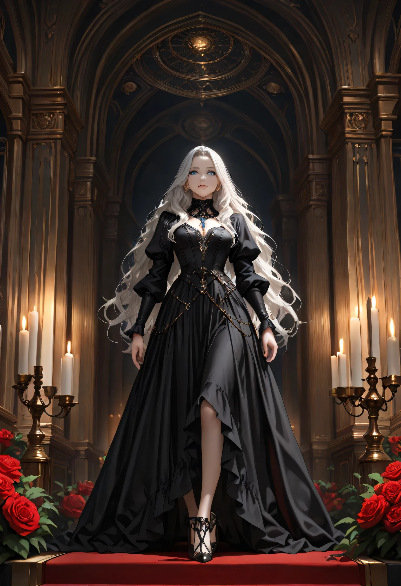 Arafed,  Dark fantasy art, fantasy art, goth art, a picture of a goth woman, pale white skin, white hair, Ultra detailed face, Best Detailed face, black hair, long hair, wavy hair, blue eyes, she wears a black leather dress, there are roses imprinted on the dress, red roses, high heels, candles light,  full body shot, dark glamour shot, dark castle, dark, black and color, Art Deco, (extremely detailed), close up, ultra wide shot, photorealistic, RAW, fantasy art, dnd art, fantasy art, realistic art,((best quality)), ((masterpiece)), (detailed), perfect face, fantasy