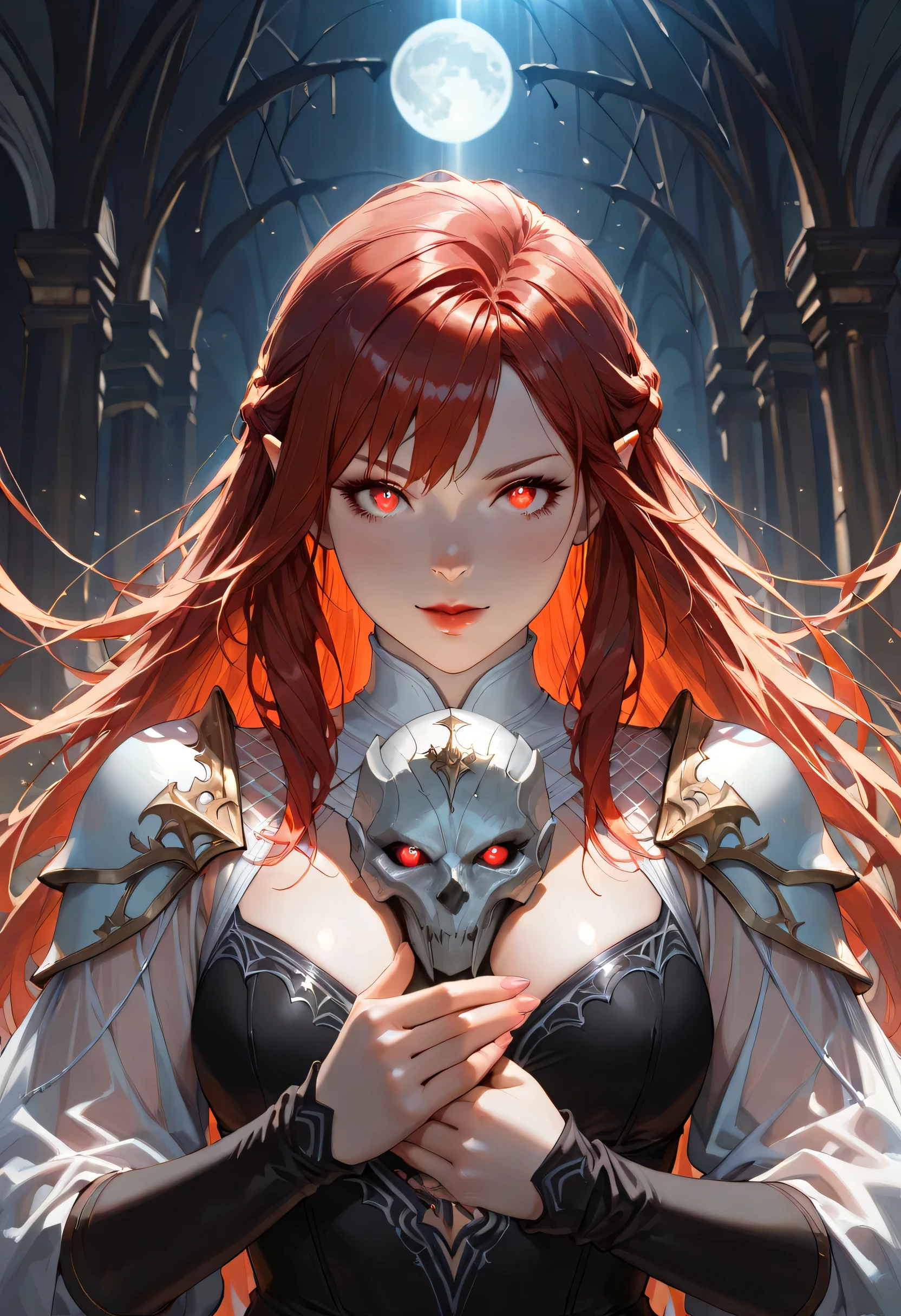 dark fantasy art, a picture of a fantasy, beautiful female vampire, best detailed face,  pale skin, blond hair, glowing eyes, red eyes, wearing black dress, silk dress, intricate dress, hugging a  man, muscular man, best detailed face, wearing white armor, red hair, reflection light, it is night time, the moon is in the sky, a sense of eternal love, soft light. moon rays. high details, best quality, 16k, [ultra detailed], masterpiece, best quality, (extremely detailed), close up, ultra wide shot, photorealistic, RAW, fantasy art, dnd art, fantasy art, realistic art,((best quality)), ((masterpiece)), (detailed), perfect face, fantasy