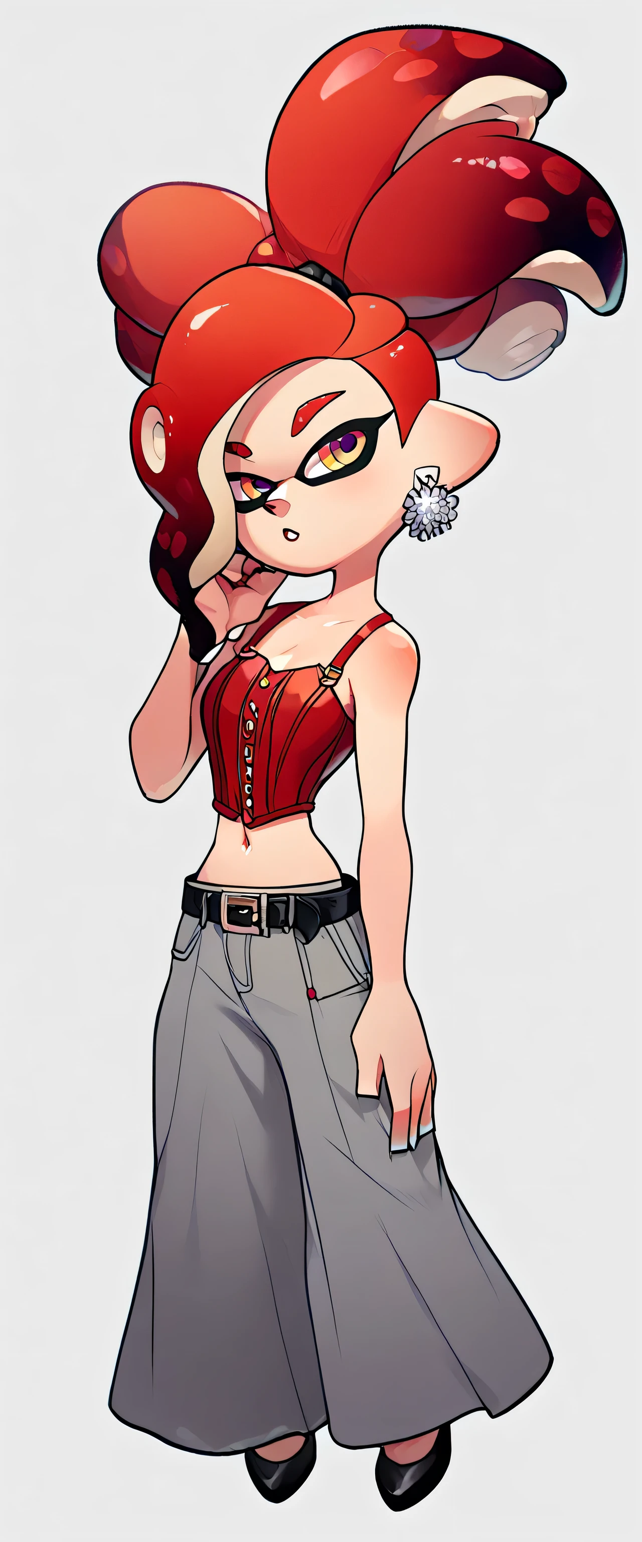Splatoon A beautiful woman Beautiful big breasted sexy sexy sensual red hair shiny wavy curly long straight her eyes light red long eyelash dresses red corset top shows navel and dark gray pants black belt black heel gold ear earring