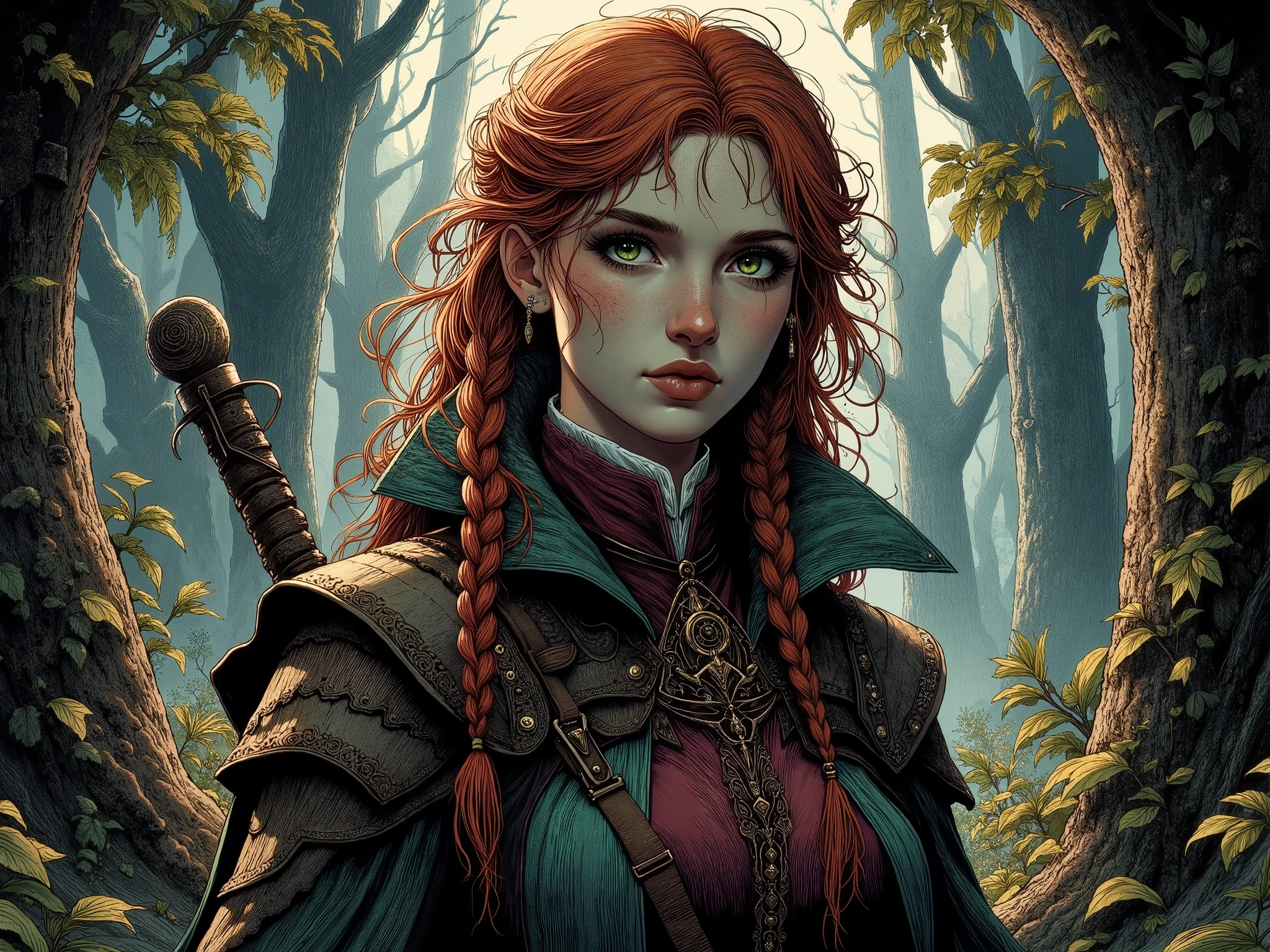 dark fantasy art style . A girl, green eyes, Your hair is red and long with braids, wears simple clothes , shabby clothes with leather parts and animal skin, Close to your s , very young, r. Your expression is firmly motivated, She looks forward and up, Light Smile . She takes a combative pose. Does your face have scars, freckles. She's in a sunny forest.