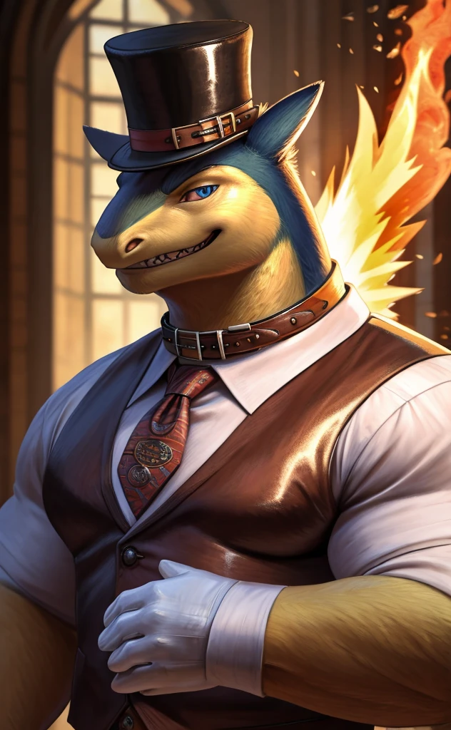 Solo, Male, close up, fat, musclegut, obese, steampunk, gentleman, dapper Typhlosion, blue eyes, wearing a big leather collar around his neck, (soft shading), 4k, hi res, ((detailed face, detailed)), looking at viewer, evil grin, collared shirt with buttons, top-hat, necktie, male focus, Tailor Uniform, steampunk attire, Vest with buttons, sleeves rolled up, dapper top-hat, dapper vest, Tailor, Tailor setting, leather collar is worn above the necktie, Typhlosion is wearing a glossy leather dog collar around the neck, Typhlosion is wearing the leather collar and shirt and vest at the same time, Typhlosion is wearing glossy white rubber gloves on the hands, wearing white rubber gloves on the feet, Typhlosion is wearing glossy white gloves with cufflinks, gloves are rubber in texture, laughing evilly, clenching teeth, big leather collar is glossy and shiny with a lot of detail, Typhlosion is wearing gloves and cufflinks at the same time, leather collar has a lot of detail, big leather collar is thick and detailed, rolled up sleeves, brown leather collar is visible and smooth, Typhlosion's big leather collar has only one buckle, brown leather collar is buckled in the center of the Typhlosion's neck, gloved hands, fancy top-hat, glossy top-hat, close up, (high quality,4k,8k,highres,masterpiece:1.2),ultra-detailed,(realistic,photorealistic,photo-realistic:1.37), masterpiece,(intricate details), captivating artwork, artistically rendered, masterful strokes, attention to detail, tasteful composition, alluring charm, careful shading, great attention to anatomy, meticulous rendering, impeccable craftsmanship, vivid colors, perfect balance between realism and fantasy.