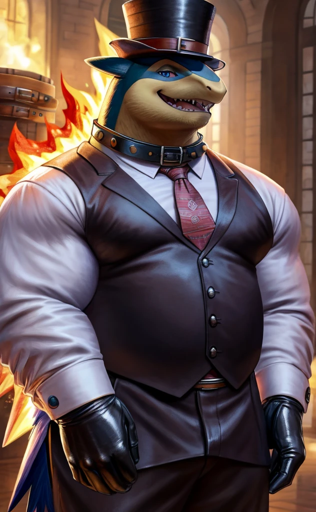 Solo, Male, close up, fat, musclegut, obese, steampunk, gentleman, dapper Typhlosion, blue eyes, wearing a big leather collar around his neck, (soft shading), 4k, hi res, ((detailed face, detailed)), looking at viewer, evil grin, collared shirt with buttons, top-hat, necktie, male focus, Tailor Uniform, steampunk attire, Vest with buttons, sleeves rolled up, dapper top-hat, dapper vest, Tailor, Tailor setting, leather collar is worn above the necktie, Typhlosion is wearing a glossy leather dog collar around the neck, Typhlosion is wearing the leather collar and shirt and vest at the same time, Typhlosion is wearing glossy white rubber gloves on the hands, wearing white rubber gloves on the feet, Typhlosion is wearing glossy white gloves with cufflinks, gloves are rubber in texture, laughing evilly, clenching teeth, big leather collar is glossy and shiny with a lot of detail, Typhlosion is wearing gloves and cufflinks at the same time, leather collar has a lot of detail, big leather collar is thick and detailed, rolled up sleeves, brown leather collar is visible and smooth, Typhlosion's big leather collar has only one buckle, brown leather collar is buckled in the center of the Typhlosion's neck, gloved hands, fancy top-hat, glossy top-hat, close up, (high quality,4k,8k,highres,masterpiece:1.2),ultra-detailed,(realistic,photorealistic,photo-realistic:1.37), masterpiece,(intricate details), captivating artwork, artistically rendered, masterful strokes, attention to detail, tasteful composition, alluring charm, careful shading, great attention to anatomy, meticulous rendering, impeccable craftsmanship, vivid colors, perfect balance between realism and fantasy.