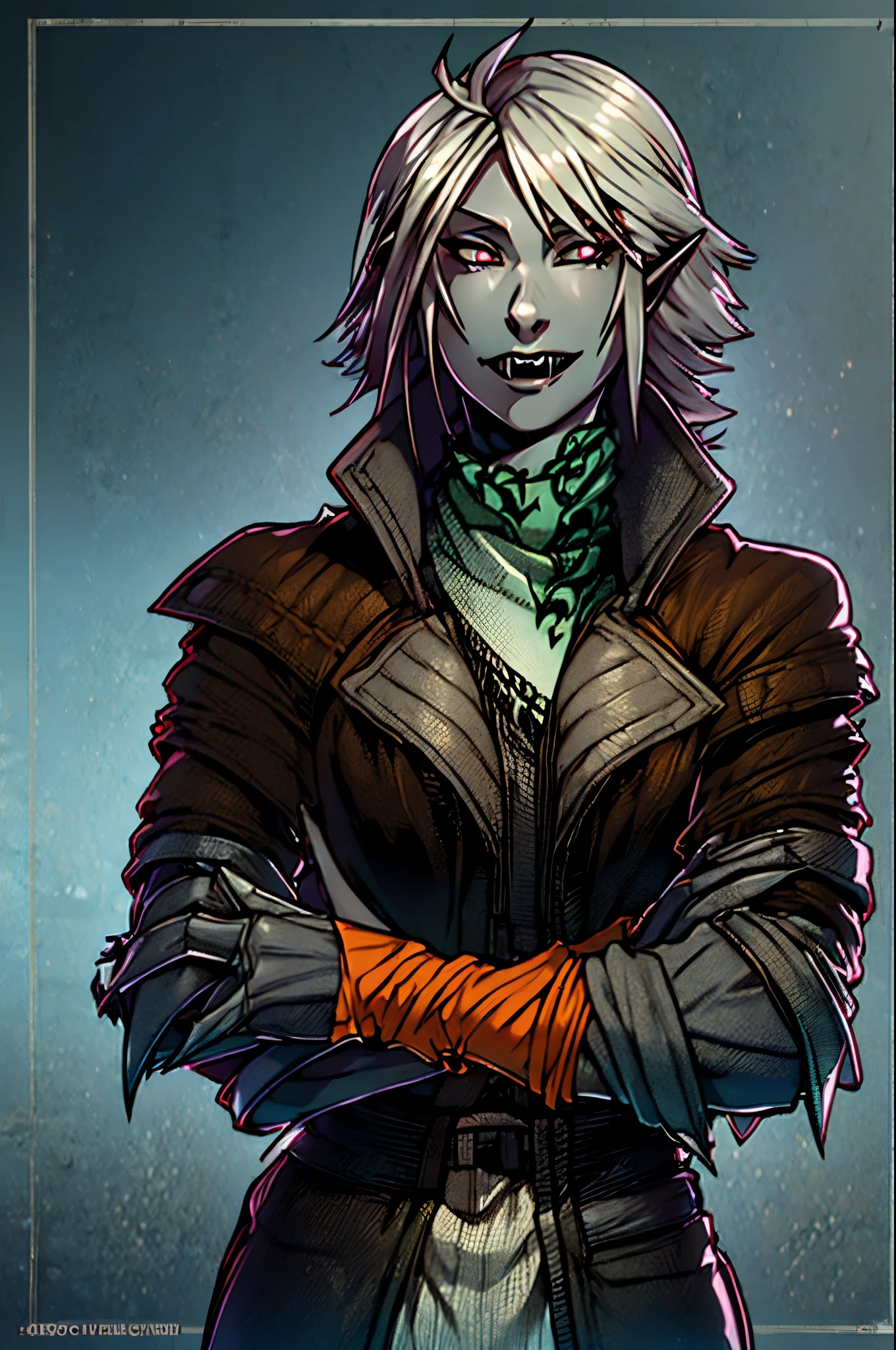 HD, high resolution, 1 figure, dark elf, silver eyes, grey skin, beast like fangs, and claws, femboy, feminine, (thin frame). skinny, feminine kind face, fur on hands and forearms