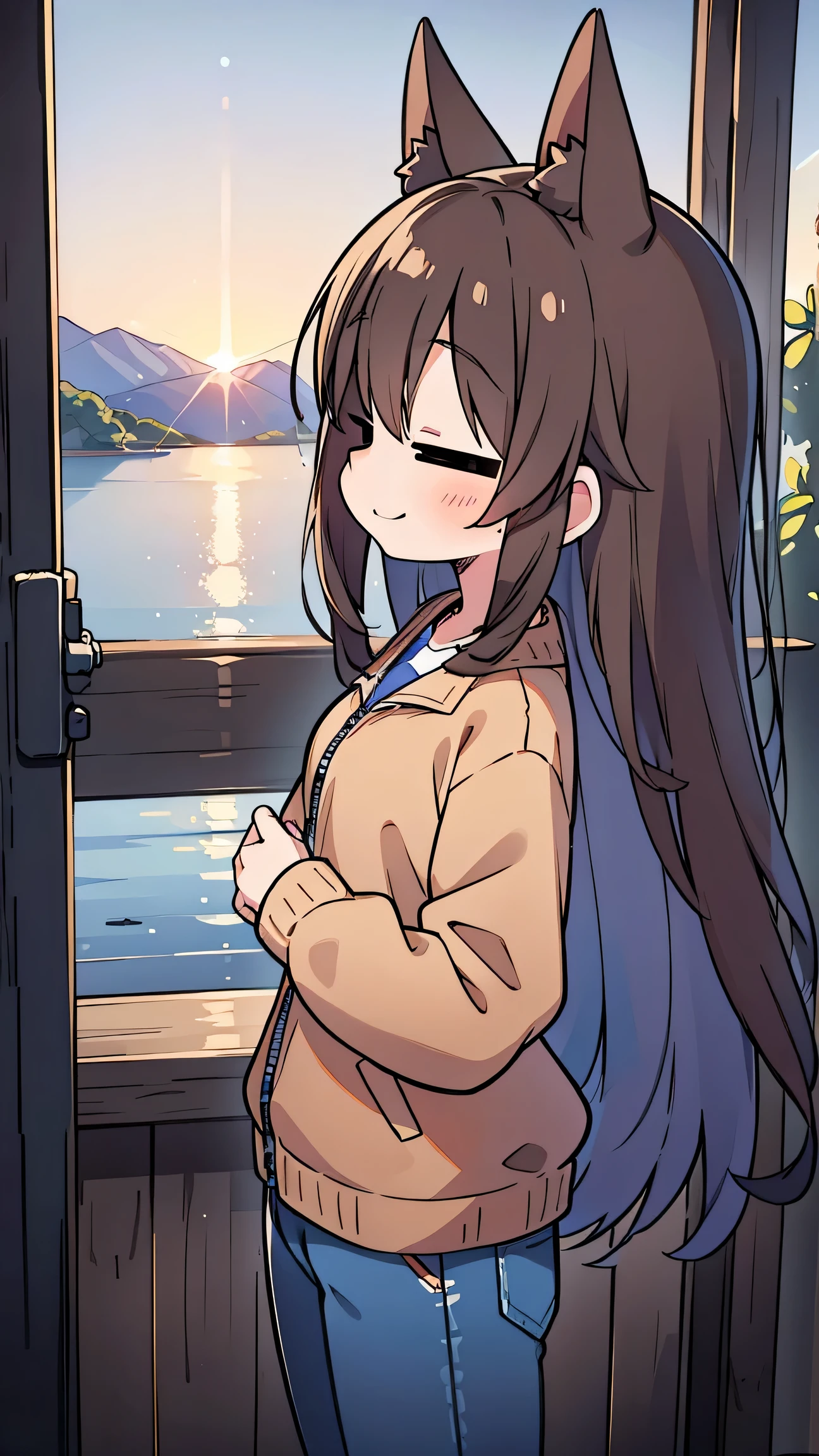 anime style、 fox ears、 brown hair at the gym、 long hair、 girl、 blue eyes 、 The brown jacket、navy blue jeans、 Bbo~、I'm watching the scenery from the observatory、 close your mouth、 profile、smile