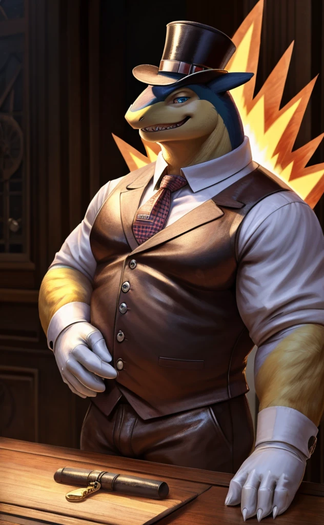 Solo, Male, close up, fat, musclegut, obese, steampunk, gentleman, dapper Typhlosion, blue eyes, wearing a big leather collar around his neck, (soft shading), 4k, hi res, ((detailed face, detailed)), looking at viewer, evil grin, collared shirt with buttons, top-hat, necktie, male focus, Tailor Uniform, steampunk attire, Vest with buttons, sleeves rolled up, dapper top-hat, dapper vest, Tailor, Tailor setting, leather collar is worn above the necktie, Typhlosion is wearing a glossy leather dog collar around the neck, Typhlosion is wearing the leather collar and shirt and vest at the same time, Typhlosion is wearing glossy white rubber gloves on the hands, wearing white rubber gloves on the feet, Typhlosion is wearing glossy white gloves with cufflinks, gloves are rubber in texture, laughing evilly, clenching teeth, big leather collar is glossy and shiny with a lot of detail, Typhlosion is wearing gloves and cufflinks at the same time, leather collar has a lot of detail, big leather collar is thick and detailed, rolled up sleeves, brown leather collar is visible and smooth, Typhlosion's big leather collar has only one buckle, brown leather collar is buckled in the center of the Typhlosion's neck, gloved hands, fancy top-hat, glossy top-hat, close up, (high quality,4k,8k,highres,masterpiece:1.2),ultra-detailed,(realistic,photorealistic,photo-realistic:1.37), masterpiece,(intricate details), captivating artwork, artistically rendered, masterful strokes, attention to detail, tasteful composition, alluring charm, careful shading, great attention to anatomy, meticulous rendering, impeccable craftsmanship, vivid colors, perfect balance between realism and fantasy.