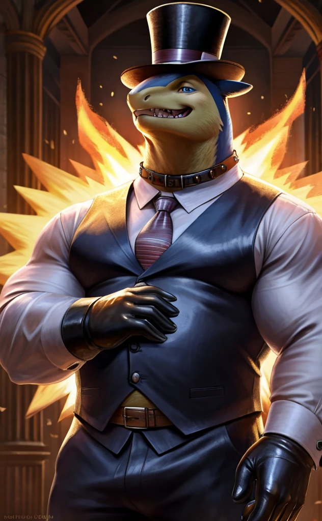 Solo, Male, close up, fat, musclegut, obese, steampunk, gentleman, dapper Typhlosion, blue eyes, wearing a big leather collar around his neck, (soft shading), 4k, hi res, ((detailed face, detailed)), looking at viewer, evil grin, collared shirt with buttons, top-hat, necktie, male focus, Tailor Uniform, steampunk attire, Vest with buttons, sleeves rolled up, dapper top-hat, dapper vest, Tailor, Tailor setting, leather collar is worn above the necktie, Typhlosion is wearing a glossy leather dog collar around the neck, Typhlosion is wearing the leather collar and shirt and vest at the same time, Typhlosion is wearing glossy white rubber gloves on the hands, wearing white rubber gloves on the feet, Typhlosion is wearing glossy white gloves with cufflinks, gloves are rubber in texture, laughing evilly, clenching teeth, big leather collar is glossy and shiny with a lot of detail, Typhlosion is wearing gloves and cufflinks at the same time, leather collar has a lot of detail, big leather collar is thick and detailed, rolled up sleeves, brown leather collar is visible and smooth, Typhlosion's big leather collar has only one buckle, brown leather collar is buckled in the center of the Typhlosion's neck, gloved hands, fancy top-hat, glossy top-hat, close up, (high quality,4k,8k,highres,masterpiece:1.2),ultra-detailed,(realistic,photorealistic,photo-realistic:1.37), masterpiece,(intricate details), captivating artwork, artistically rendered, masterful strokes, attention to detail, tasteful composition, alluring charm, careful shading, great attention to anatomy, meticulous rendering, impeccable craftsmanship, vivid colors, perfect balance between realism and fantasy.