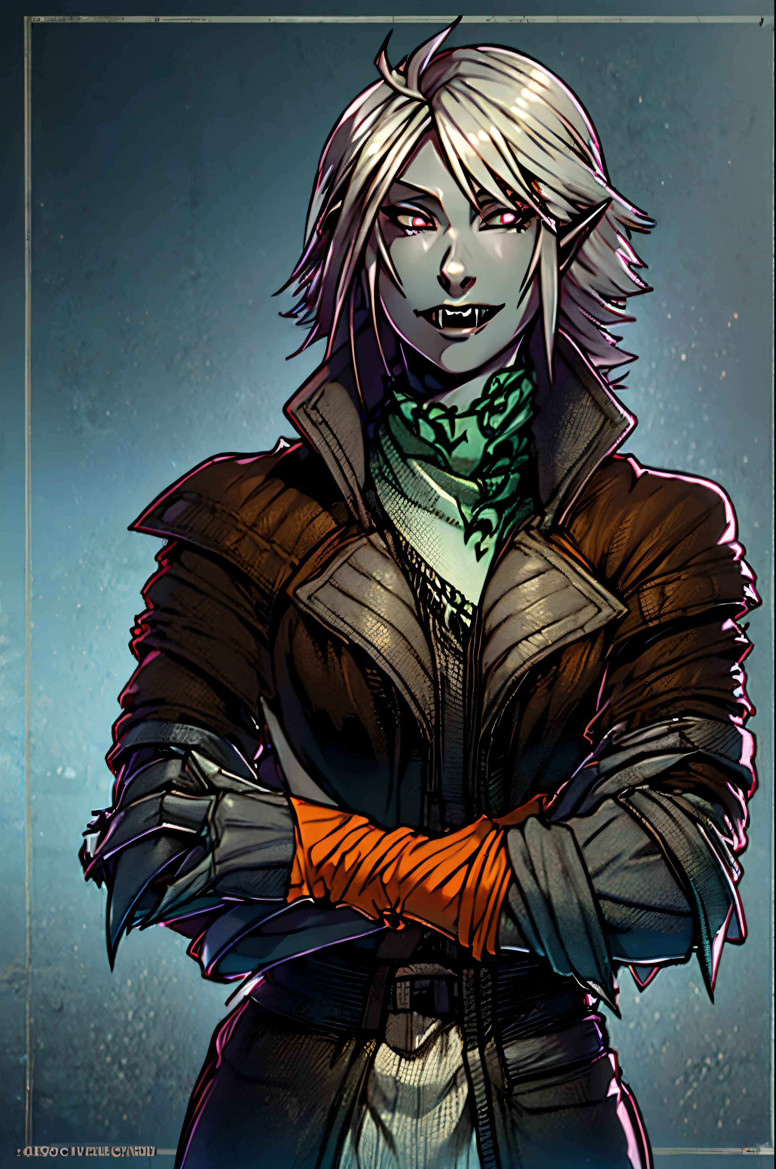 HD, high resolution, 1 figure, dark elf, silver eyes, grey skin, beast like fangs, and claws, femboy, feminine, (thin frame). skinny, feminine kind face, fur on hands and forearms
