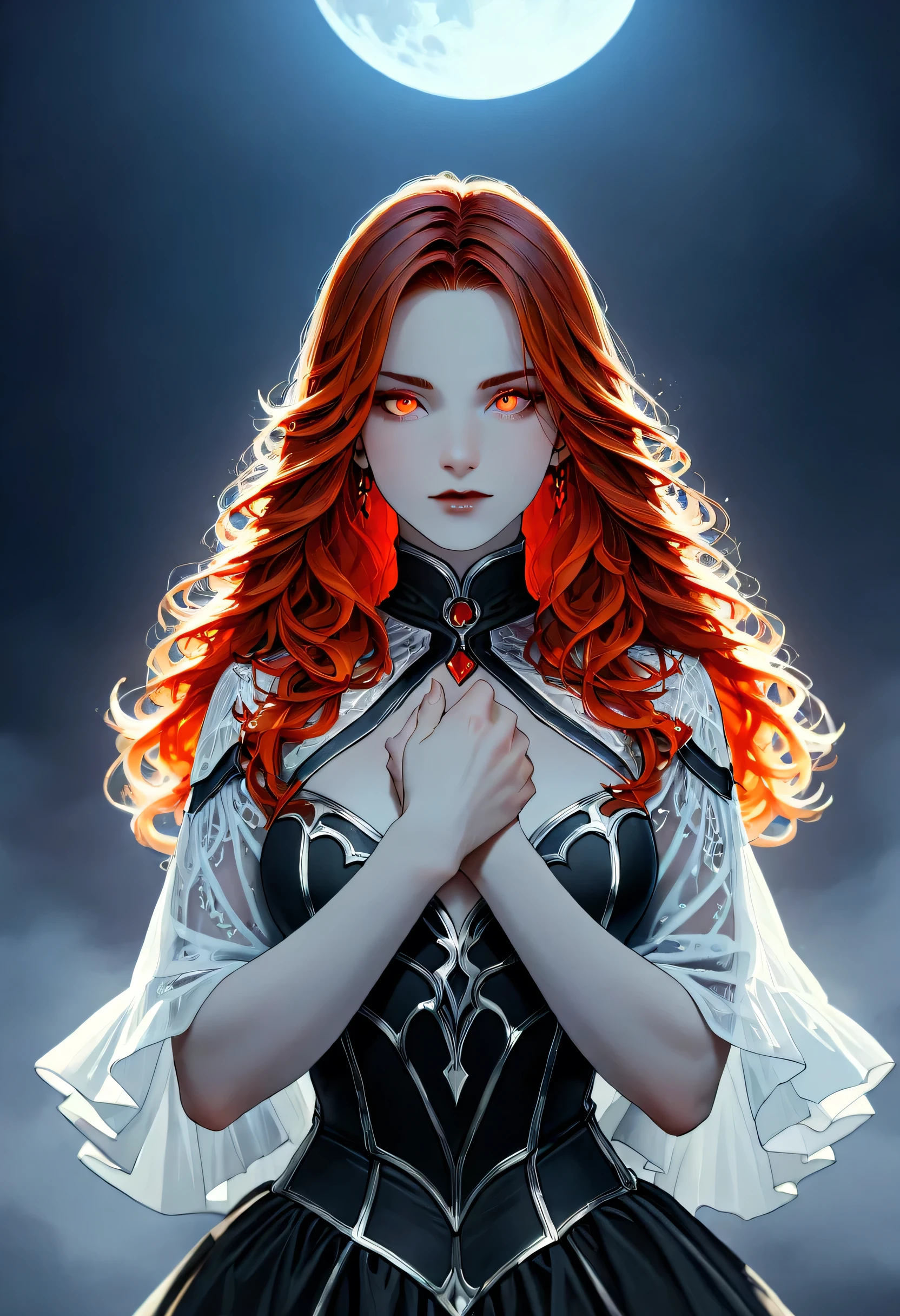 dark fantasy art, a picture of a fantasy, beautiful female vampire, best detailed face,  pale skin, blond hair, glowing eyes, red eyes, wearing black dress, silk dress, intricate dress, hugging a  man, muscular man, best detailed face, wearing white armor, red hair, reflection light, it is night time, the moon is in the sky, a sense of eternal love, soft light. moon rays. high details, best quality, 16k, [ultra detailed], masterpiece, best quality, (extremely detailed), close up, ultra wide shot, photorealistic, RAW, fantasy art, dnd art, fantasy art, realistic art,((best quality)), ((masterpiece)), (detailed), perfect face, fantasy, vampire, fangs