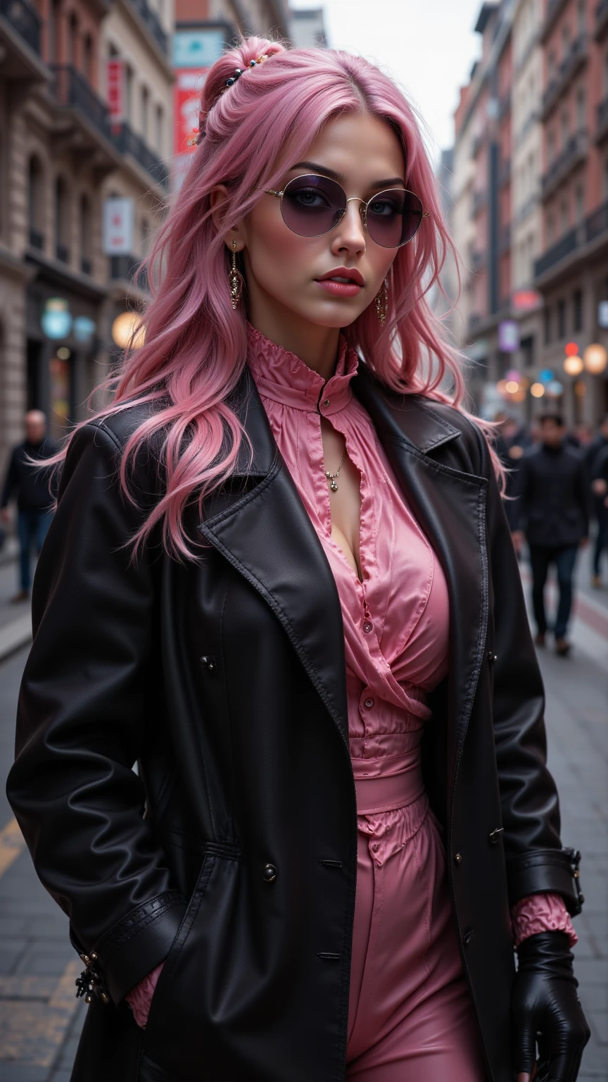 (best quality)1, (best detail)1, (specular highlights)1, (specular reflections)1, (wallpaper)1, cel-shaded poster style, a cool looking French woman with long pink hair, in a leather sticky mini dress stood against a wall in profile, in car's high-beams light, surprised expression, passionate expression, cheeky side-eye, deep decollate:1.4, facing the car-light, facing the camera, far away shot, model shoot, highly professional